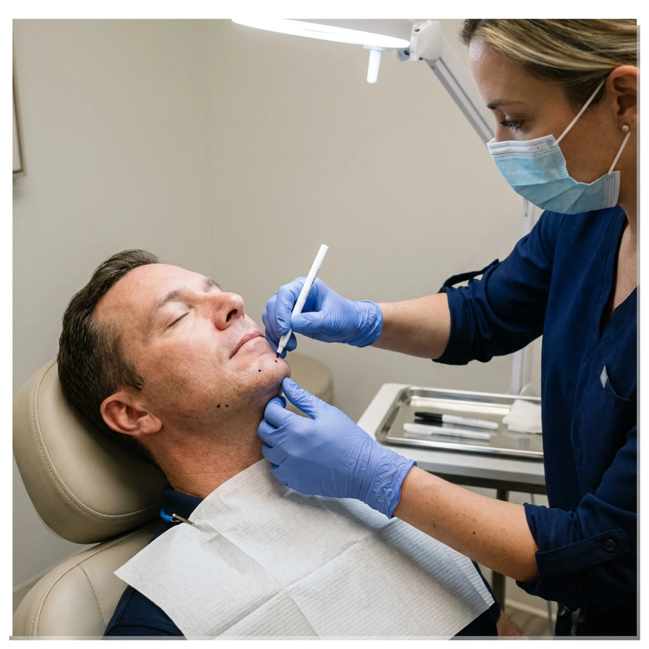Aesthetic injector precisely mapping dermal filler placement on male patient