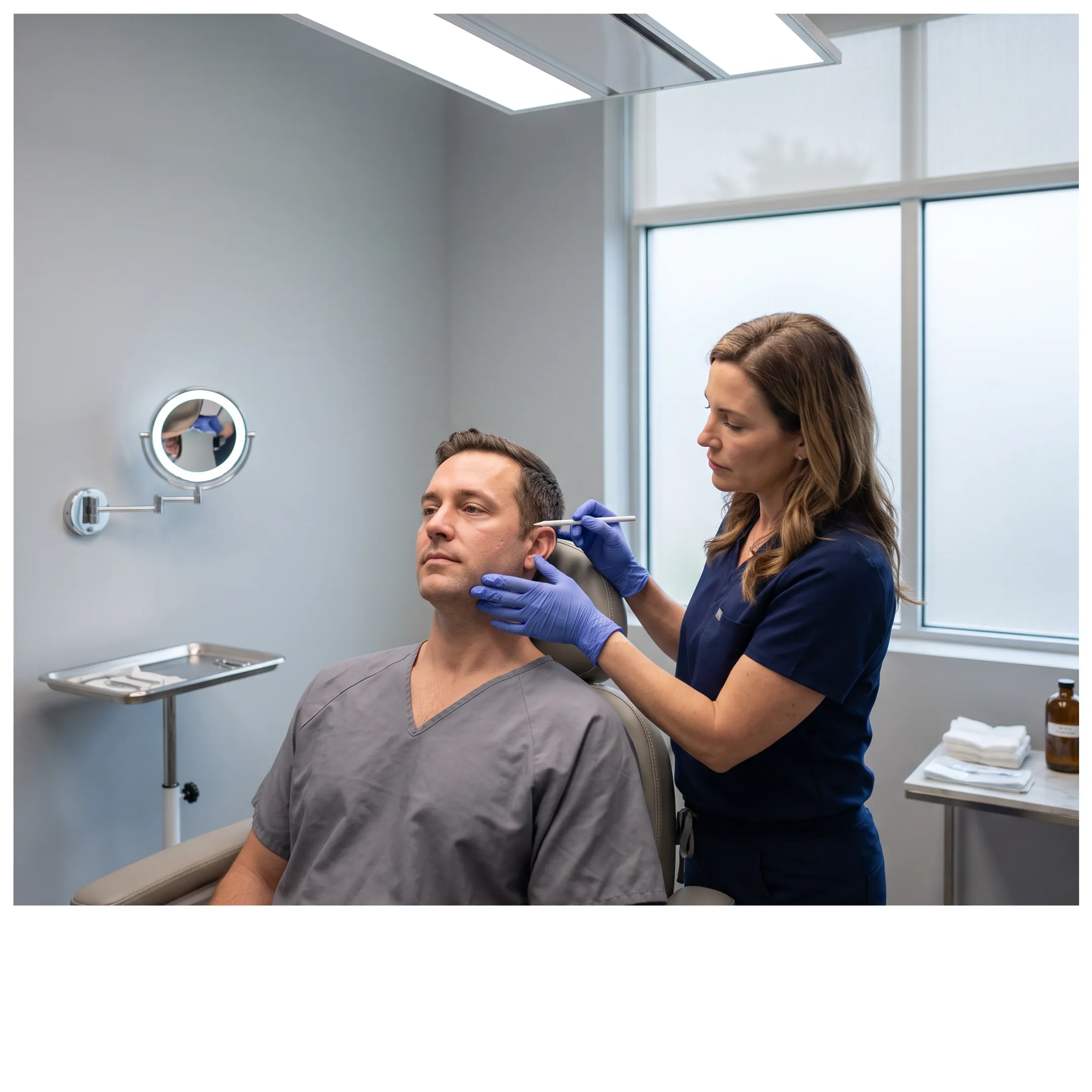 Man receiving facial dermal filler consultation in modern clinical med spa