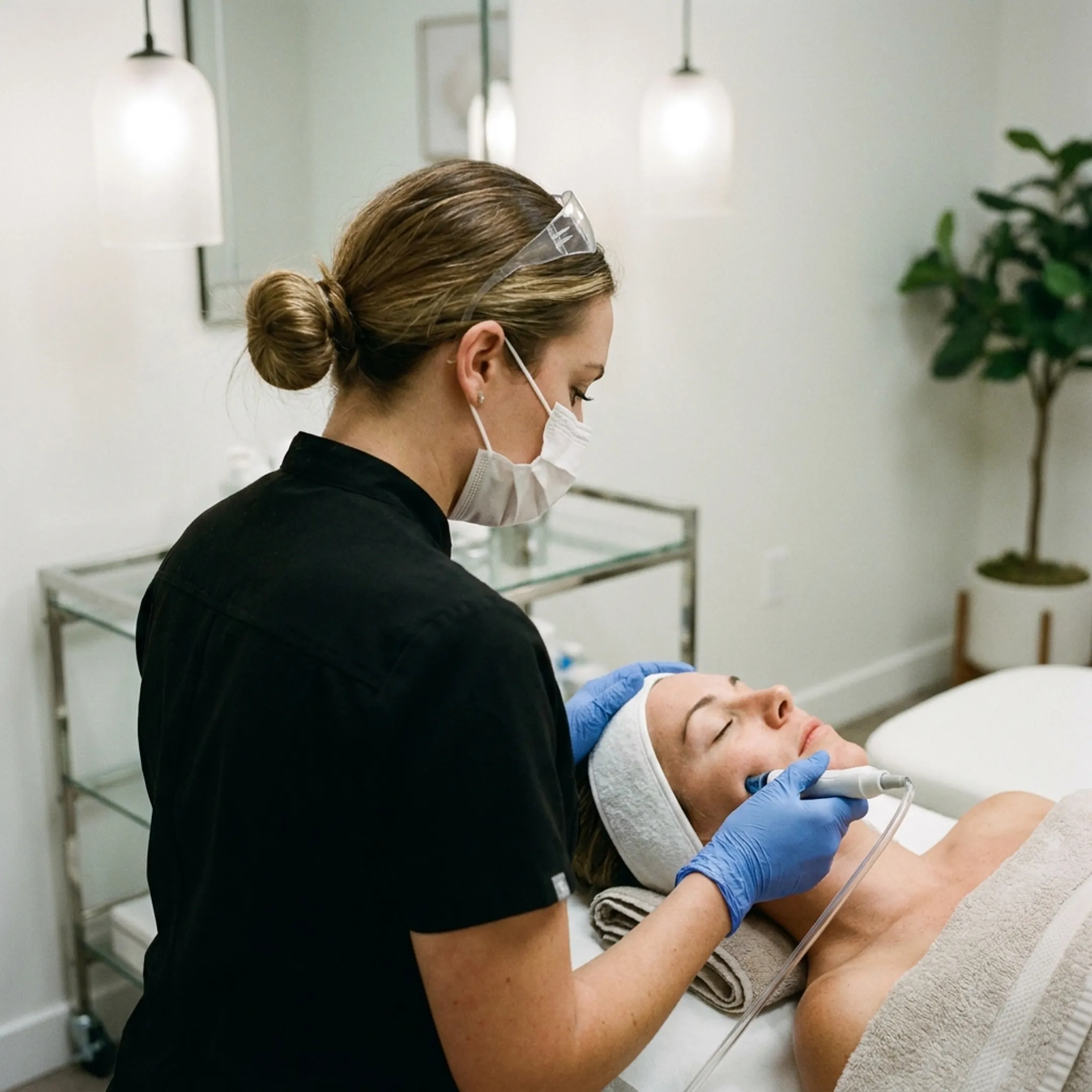 Aesthetician performing a clarifying facial treatment on a client
