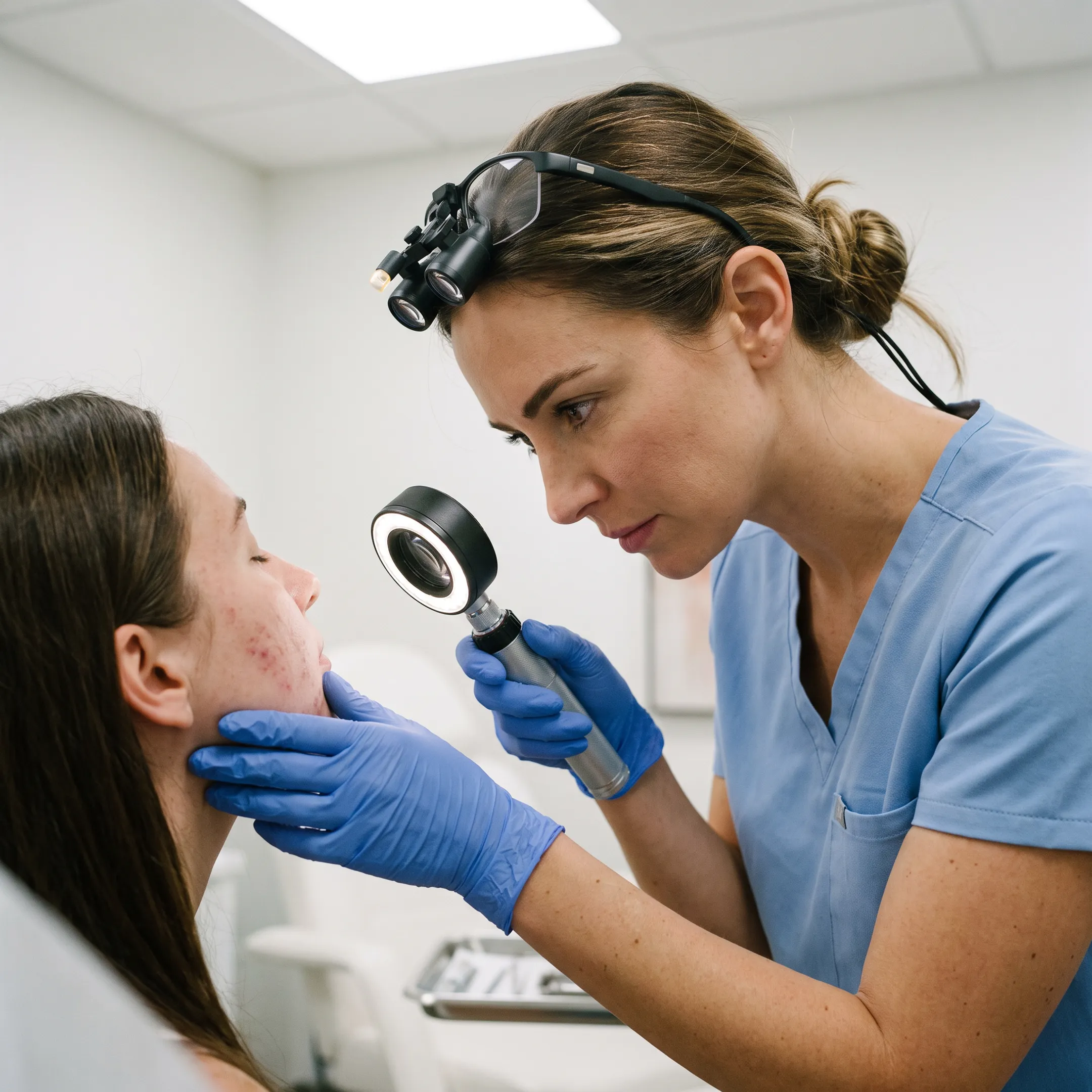 Clinical provider assessing a client's facial skin during an acne treatment consultation