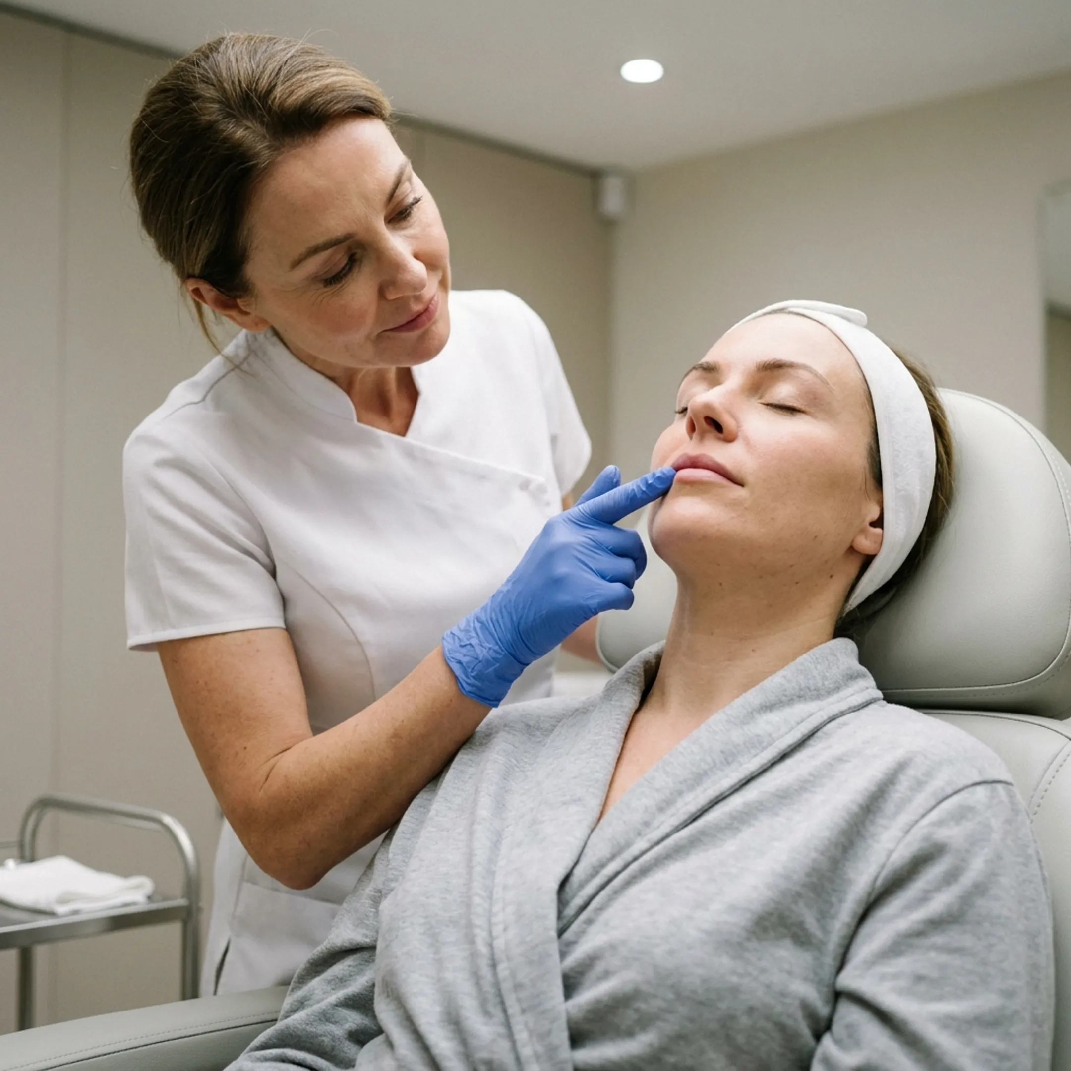 Close-up of a client receiving a gentle cosmetic lip enhancement consultation
