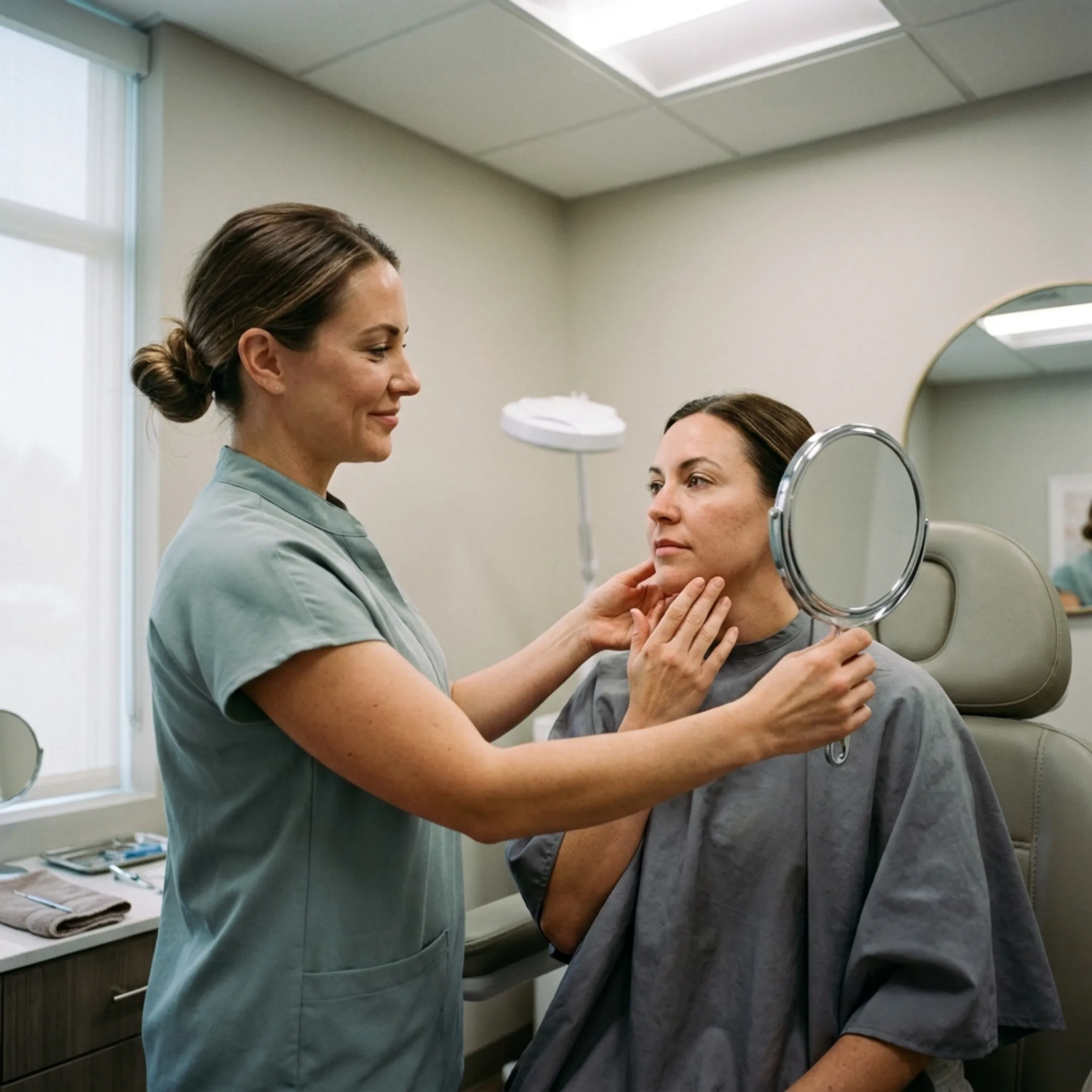 Aesthetic nurse injector consulting with client before lip filler treatment