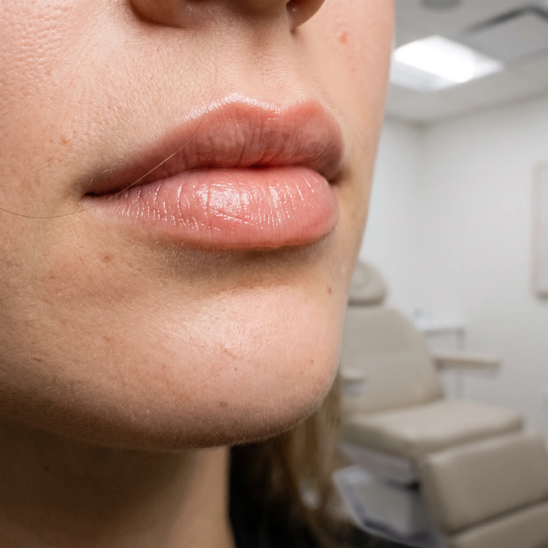 Close-up of client lips showing natural volume enhancement after dermal filler treatment