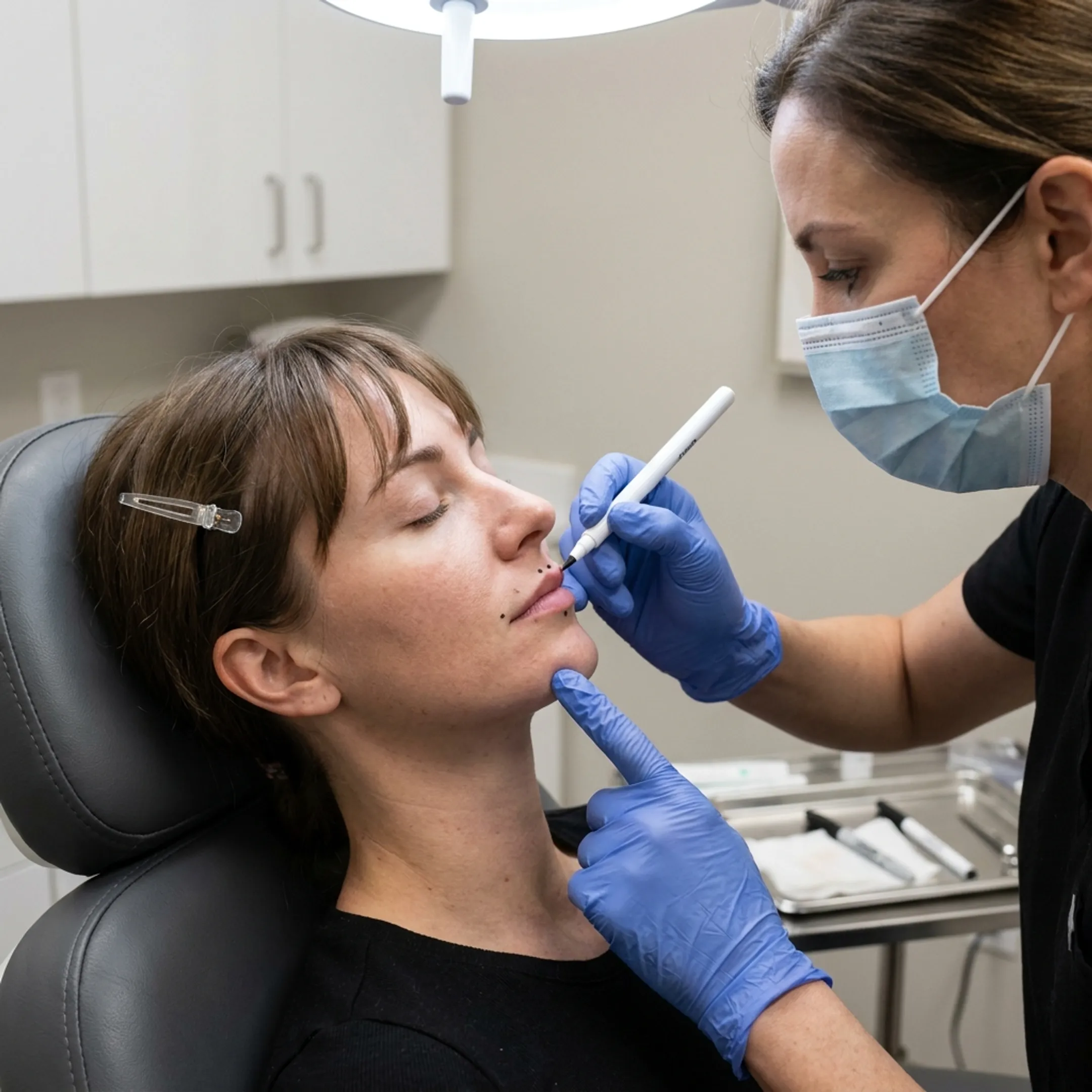 Aesthetic clinician marking lip injection points during consultation