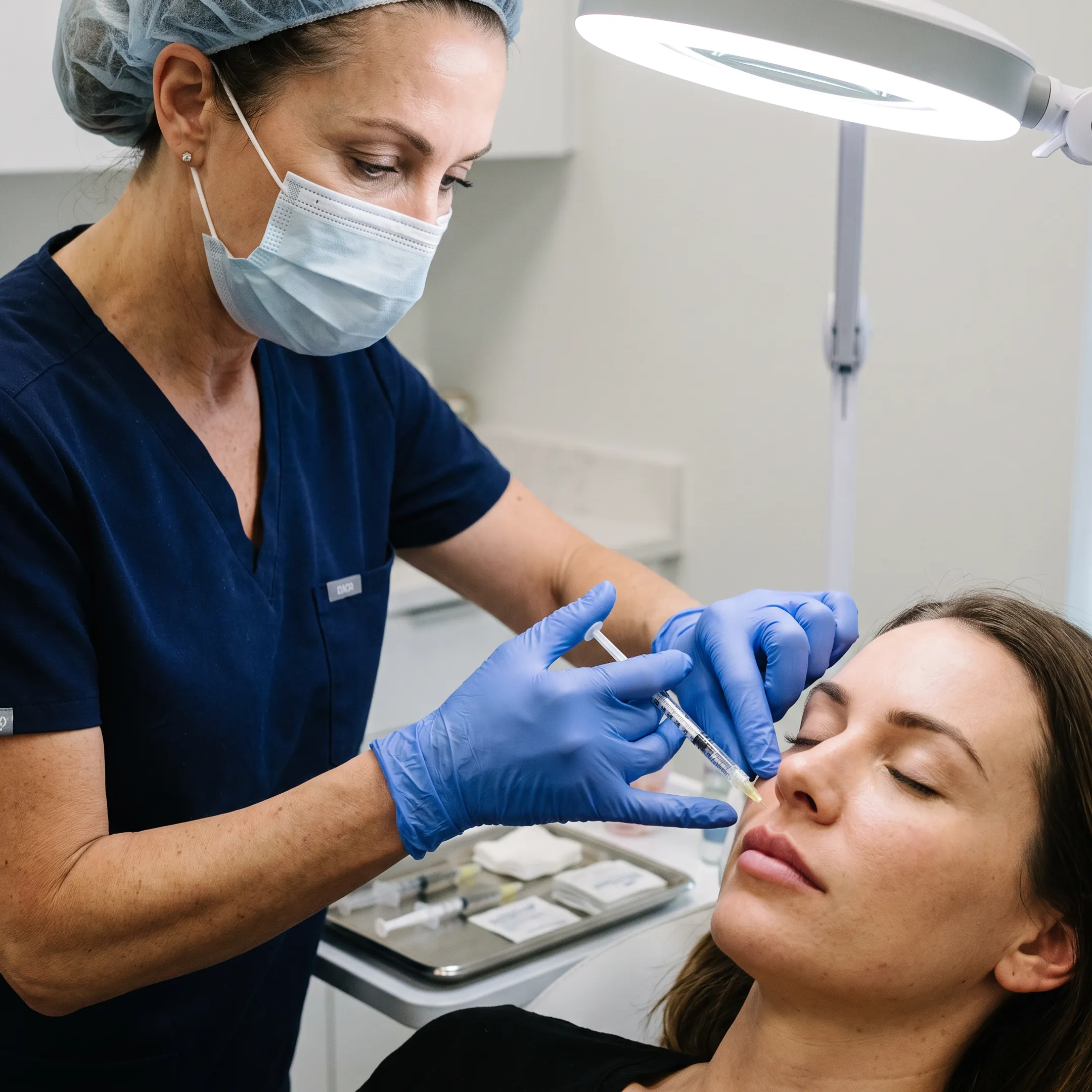 Nurse injector performing precise lip filler treatment