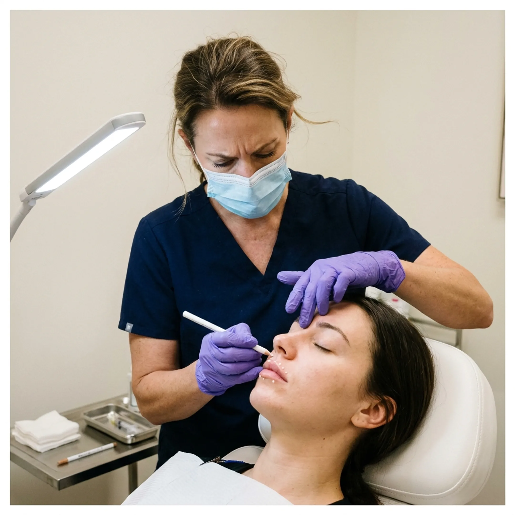 Aesthetic nurse injector mapping thin lips for precise dermal filler placement