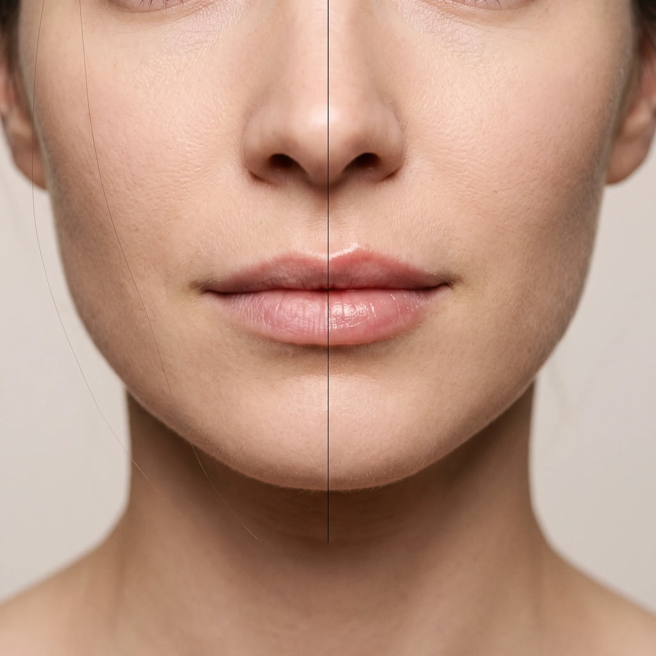 Before and after comparison of subtle lip filler on naturally thin lips
