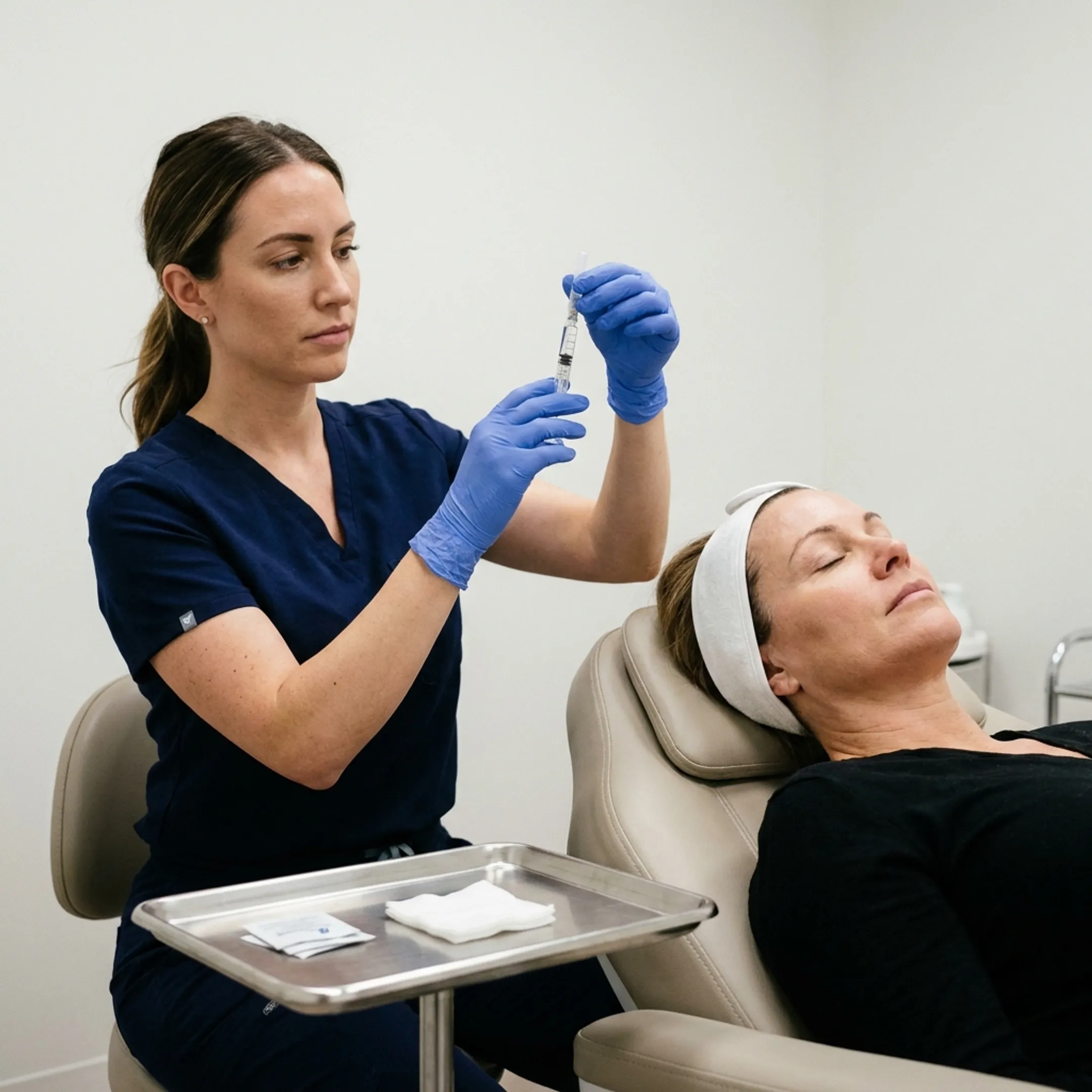 Aesthetic nurse injector preparing Dysport treatment for client