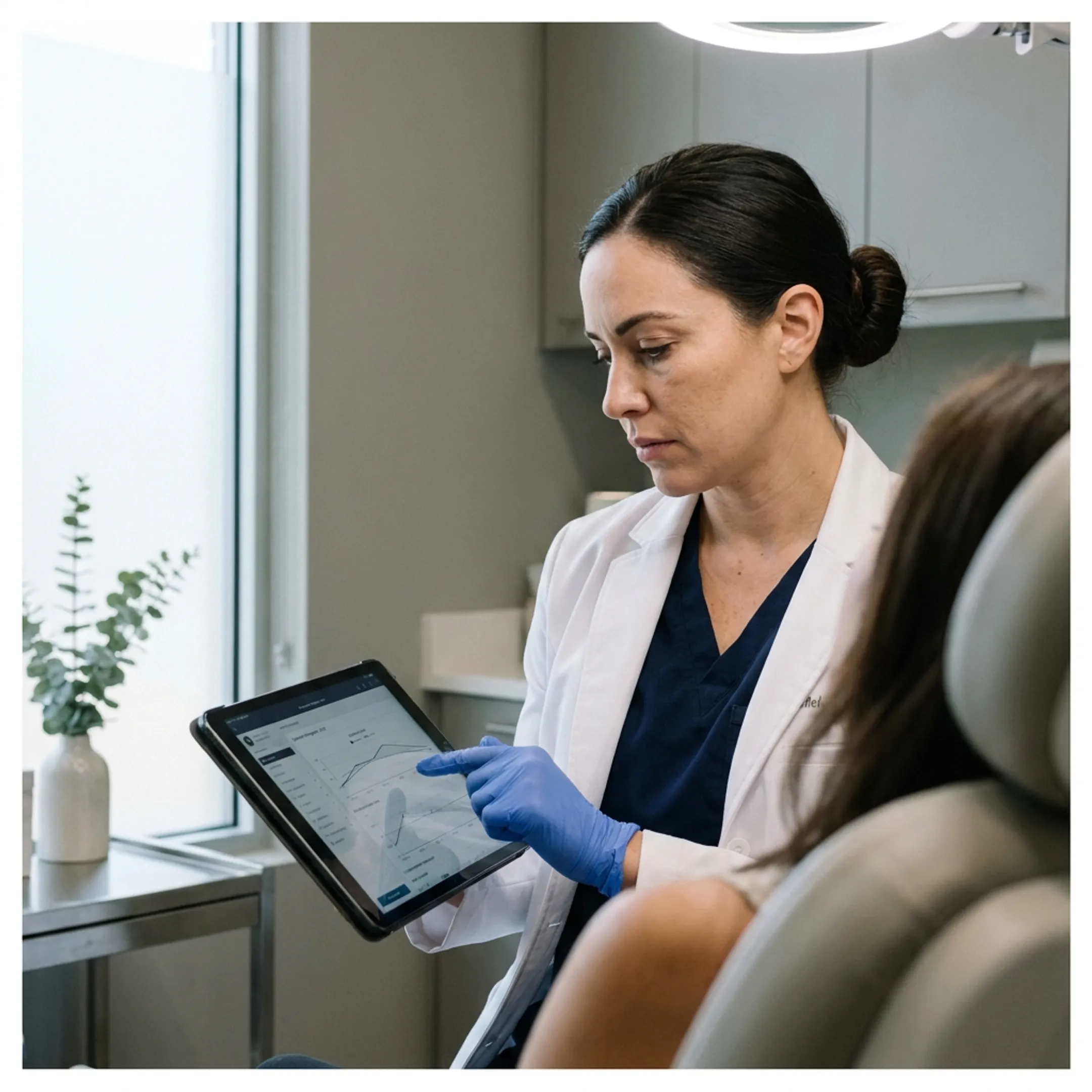 Clinician reviewing diagnostic wellness data on a digital tablet