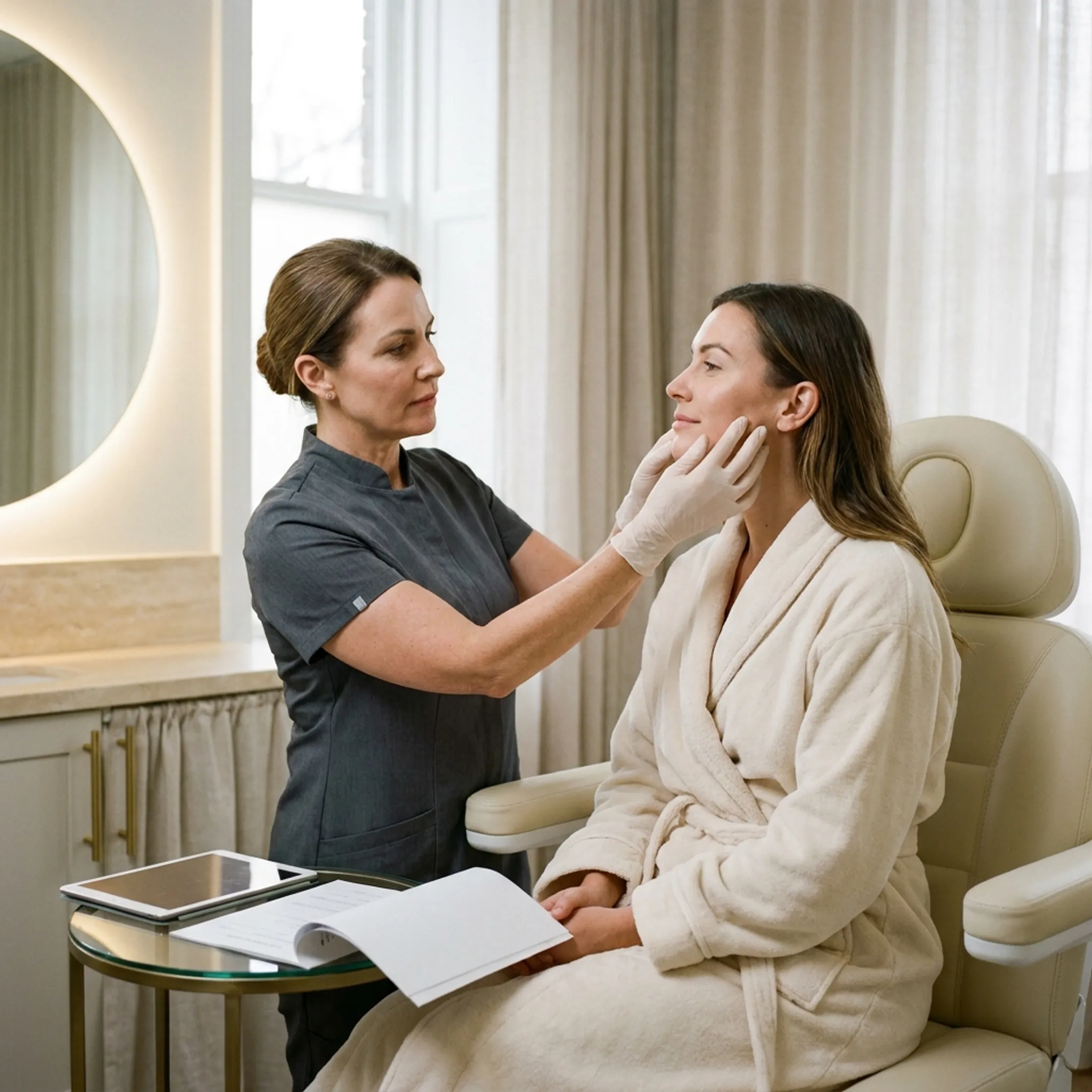 Provider discussing facial anatomy and filler options with a client