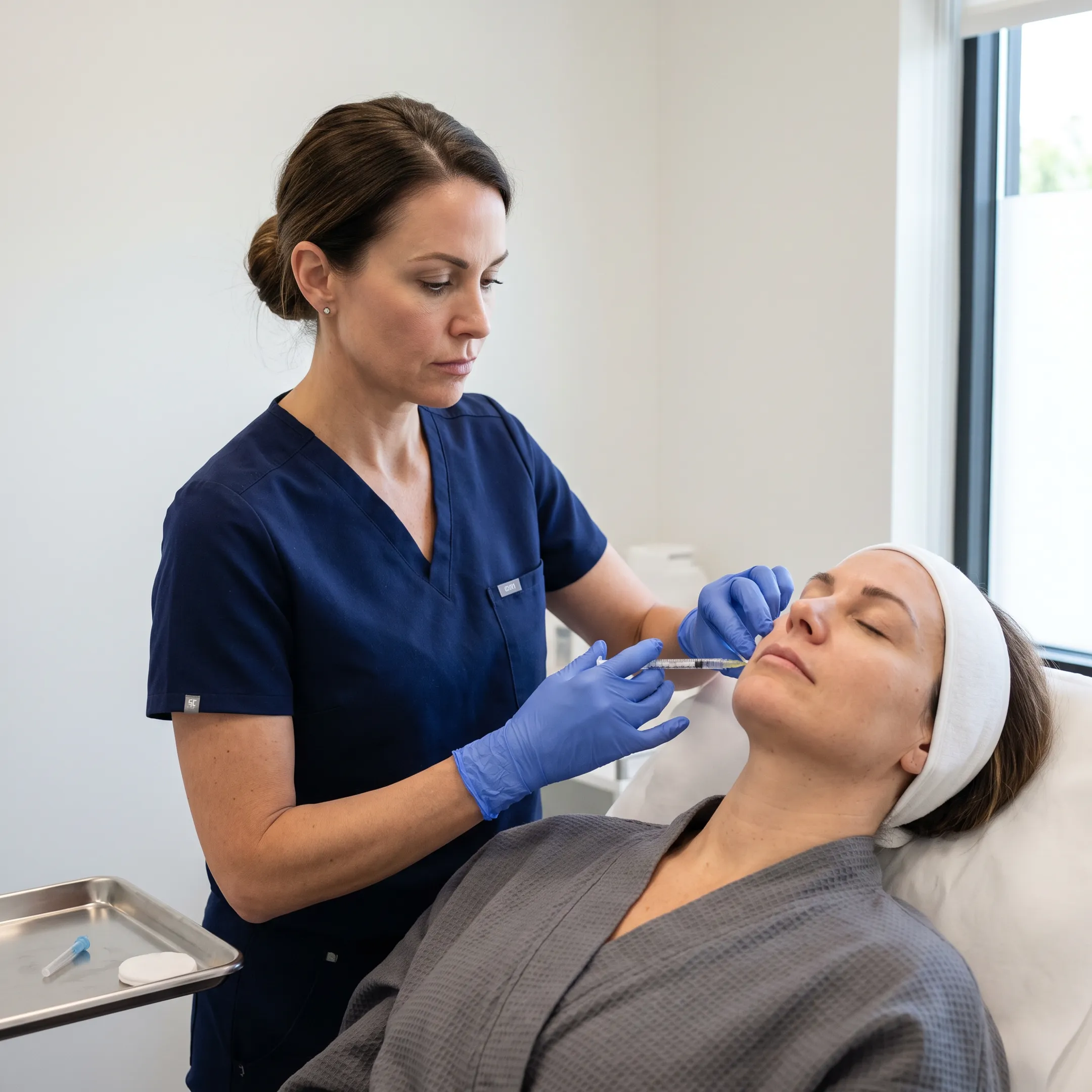 Aesthetic nurse injector preparing dermal filler treatment in a modern clinical room