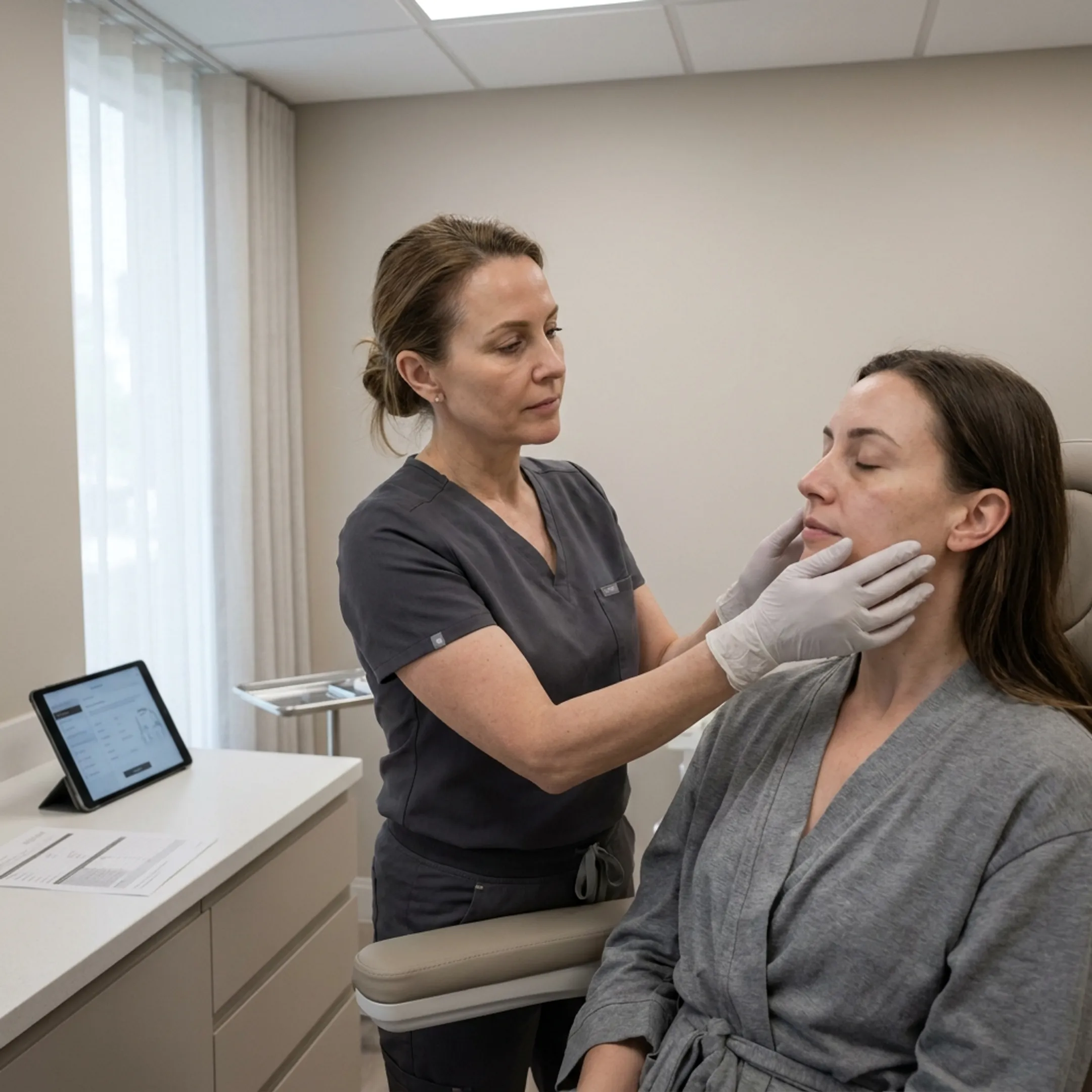 Client receiving personalized aesthetic skincare consultation from clinical provider