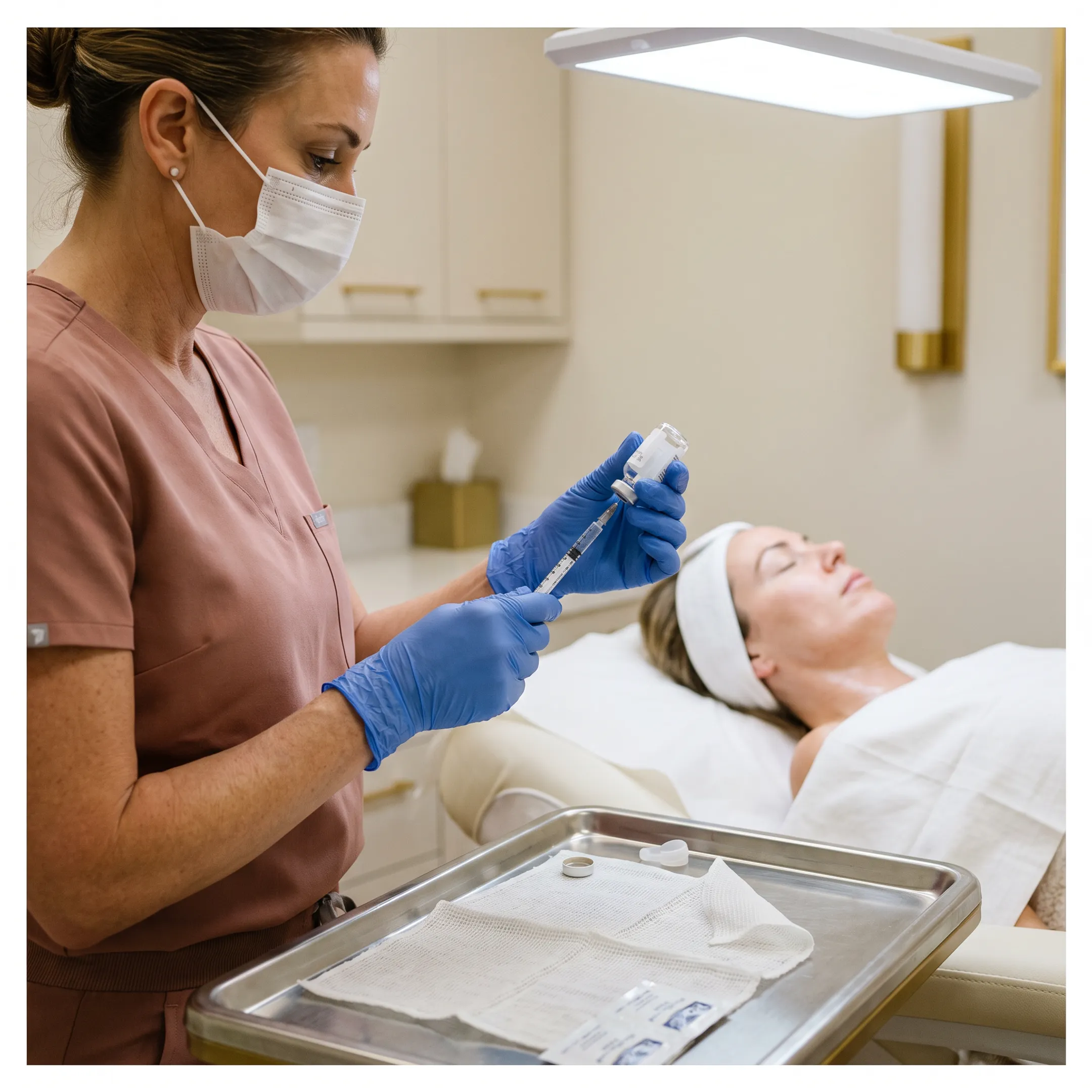 Aesthetic nurse injector preparing an aesthetic facial treatment consultation