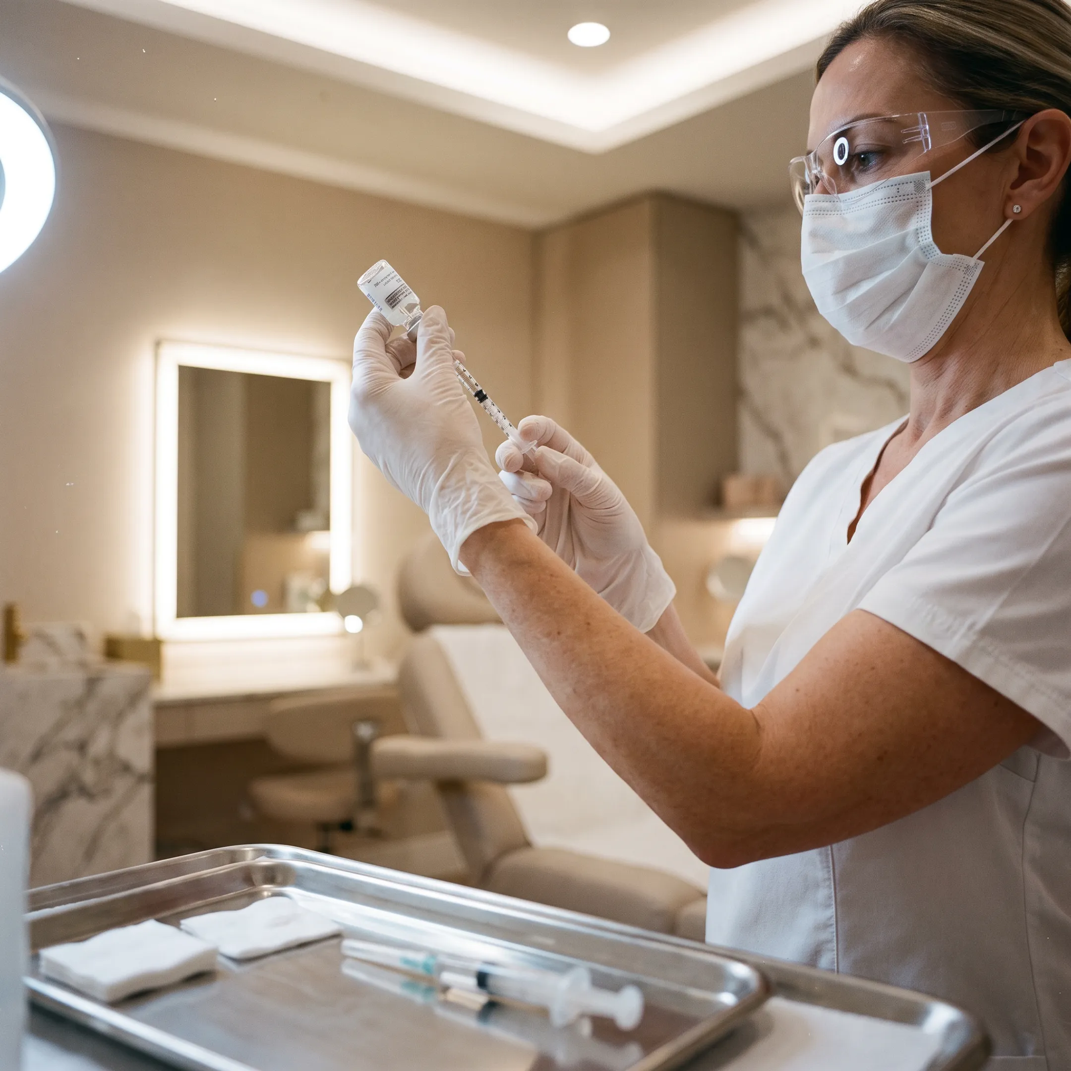Aesthetic provider preparing a non-surgical body contouring injection in a clinical setting