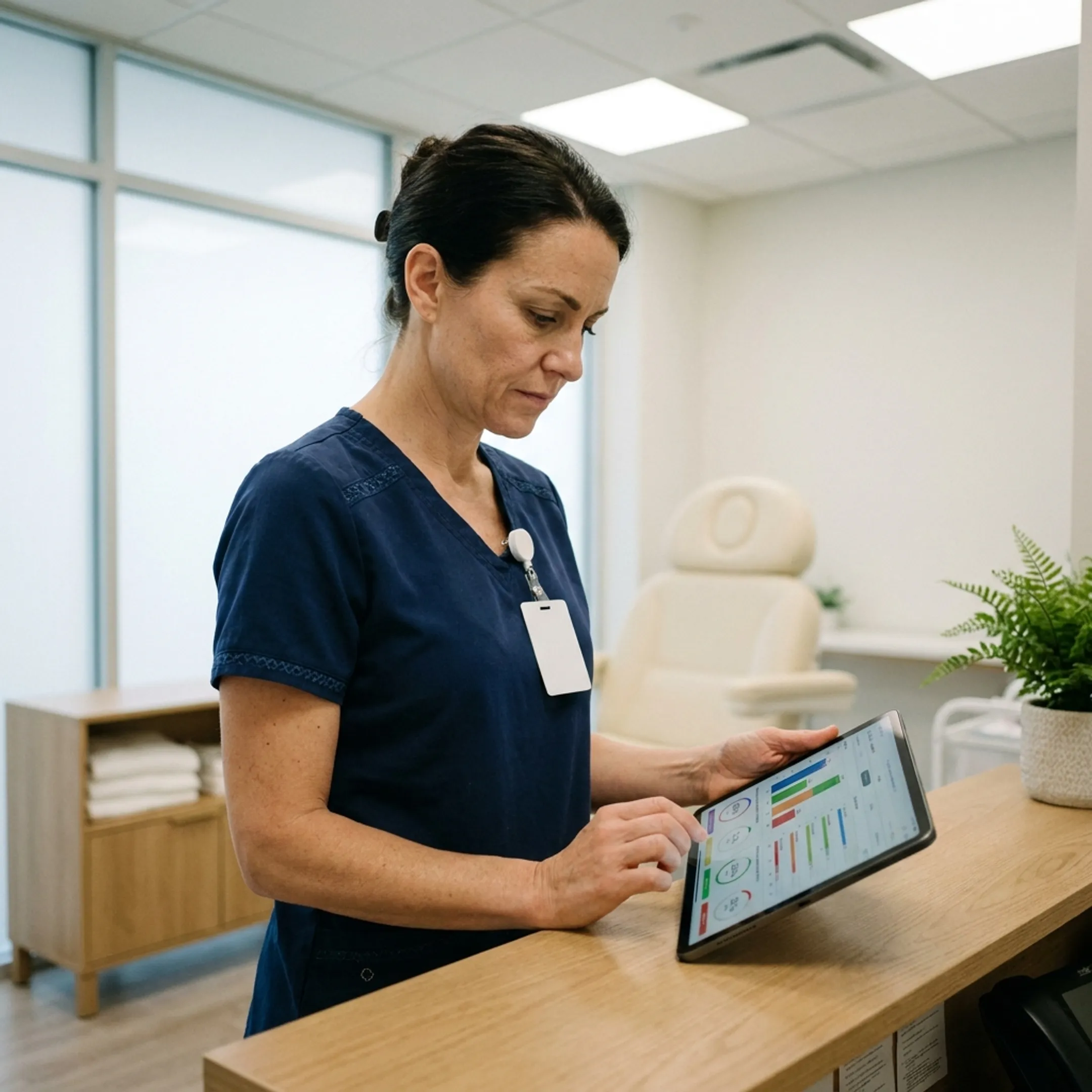 Nurse injector and clinician reviewing patient body composition report