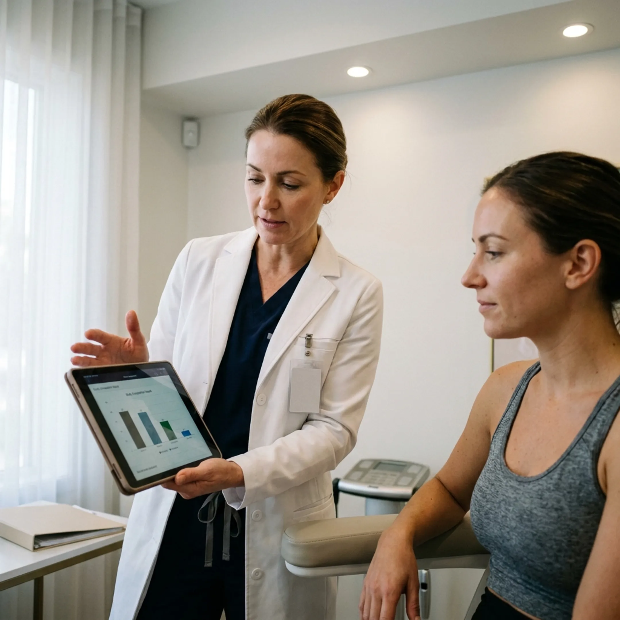 Clinician reviewing health metrics and body composition analysis on a tablet