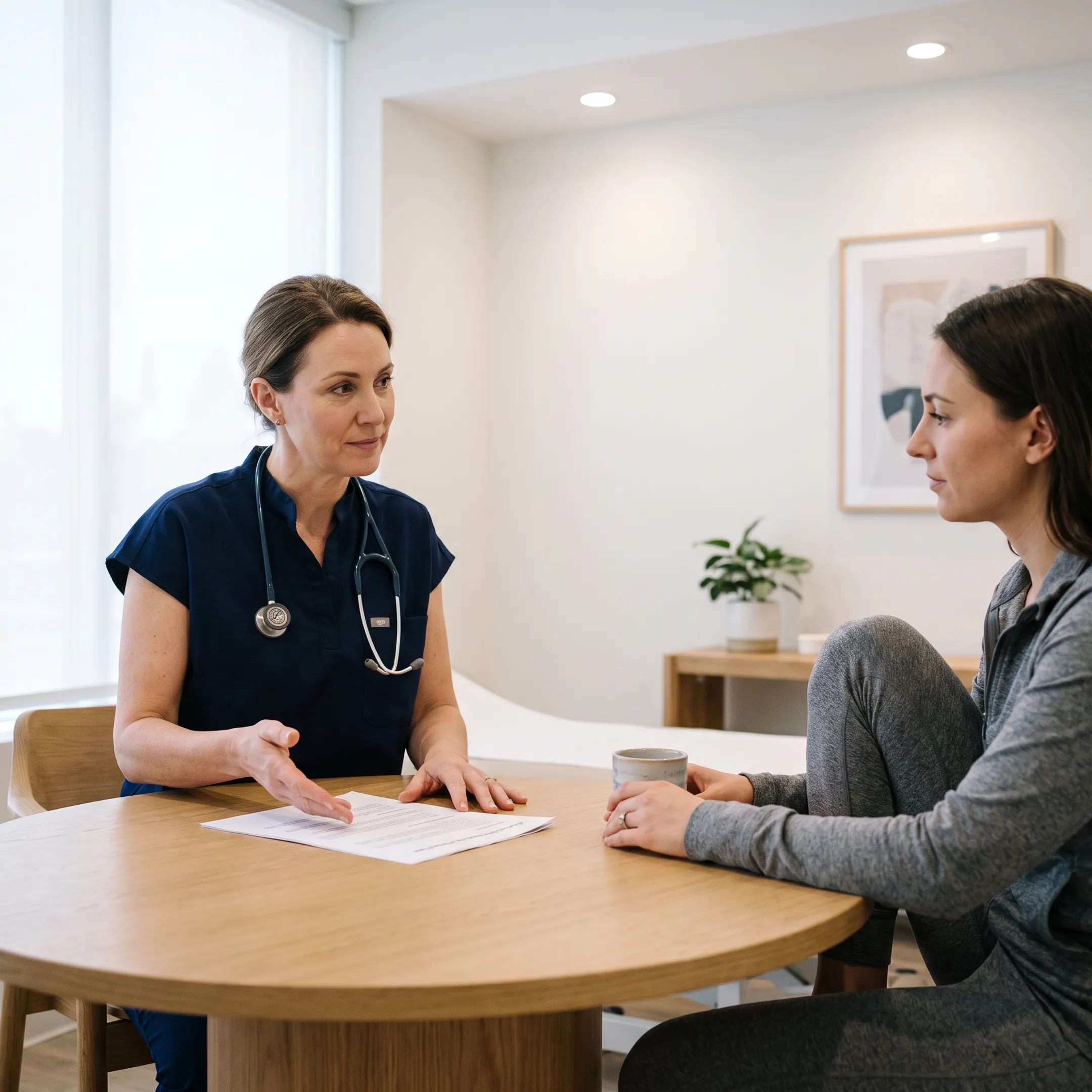 Medical provider consulting with a client in a modern clinical wellness office