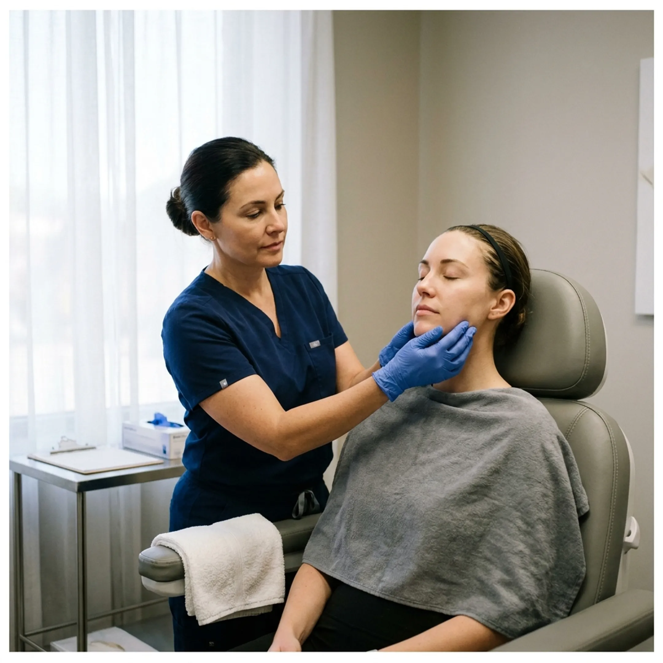 Nurse injector performing jawline assessment for masseter Botox