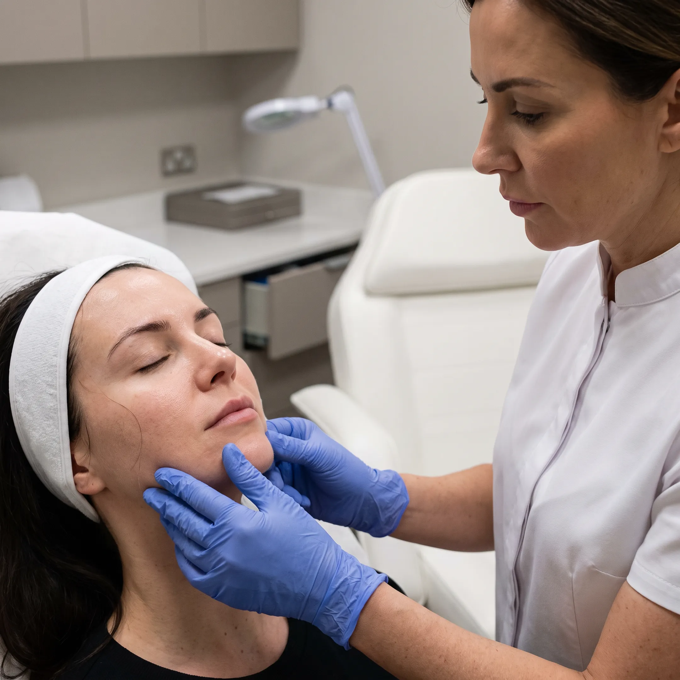 Aesthetic clinician consulting with a patient about masseter Botox treatment in Houston