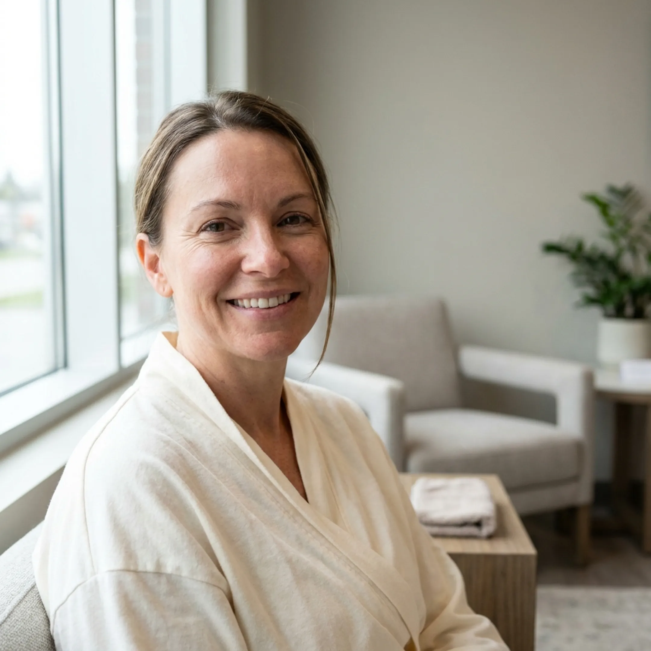 Close-up of client smiling naturally after neuromodulator treatment