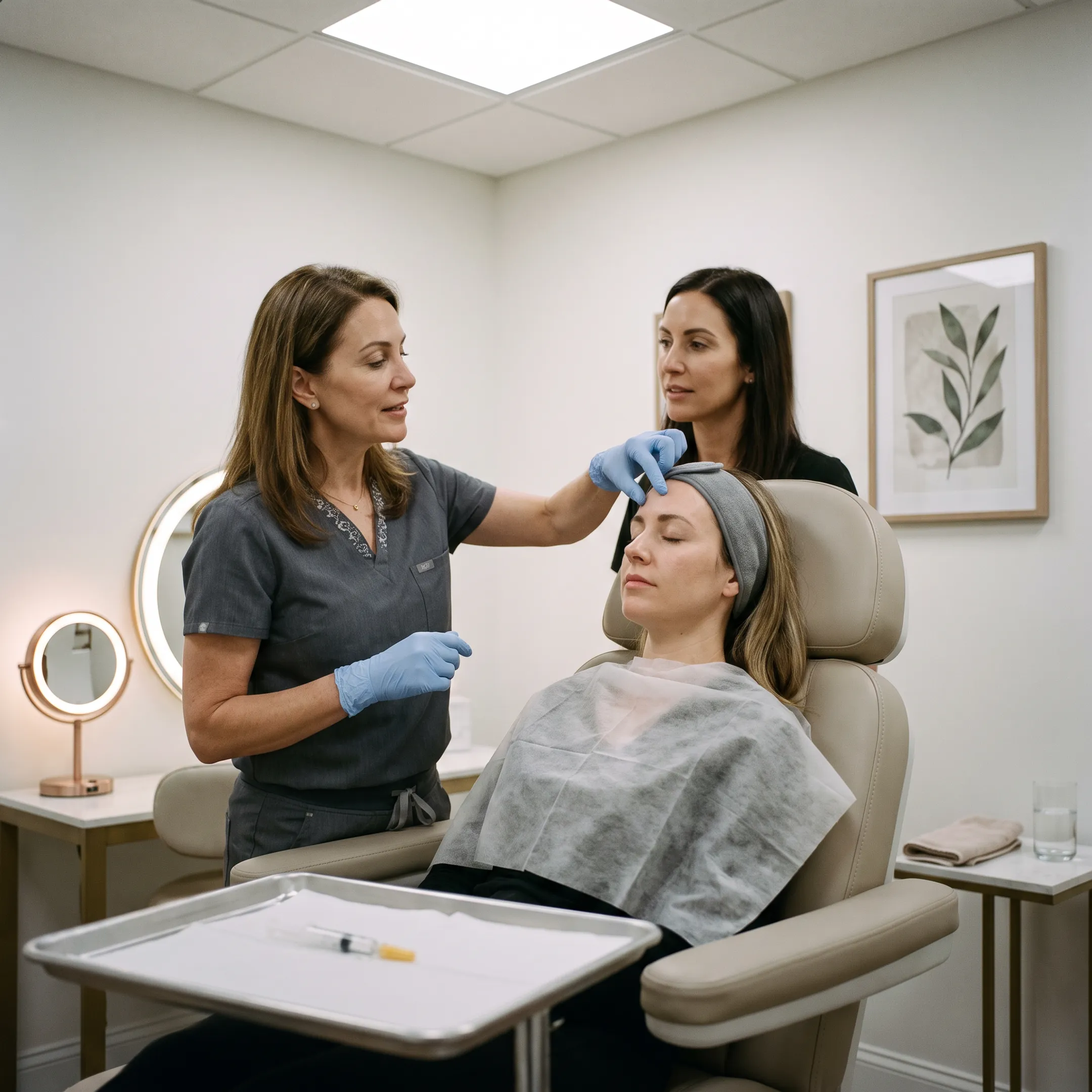 Aesthetic nurse injector preparing gentle facial treatment in a modern clinic