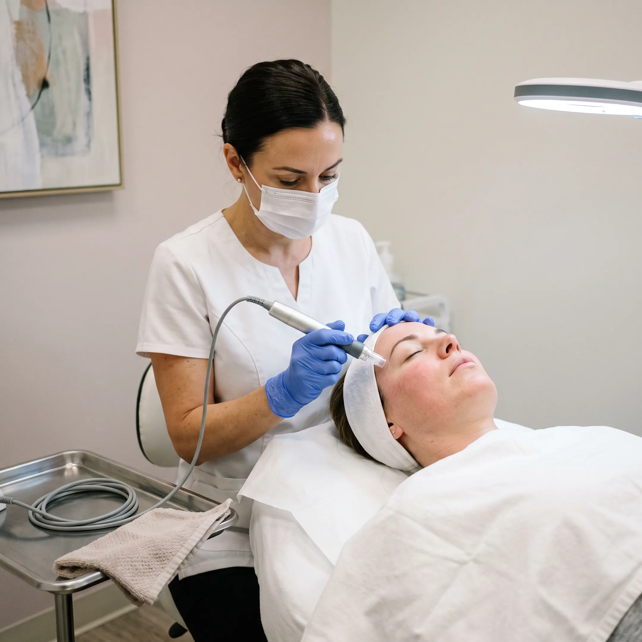 Clinical aesthetician performing radiofrequency microneedling procedure on a patient