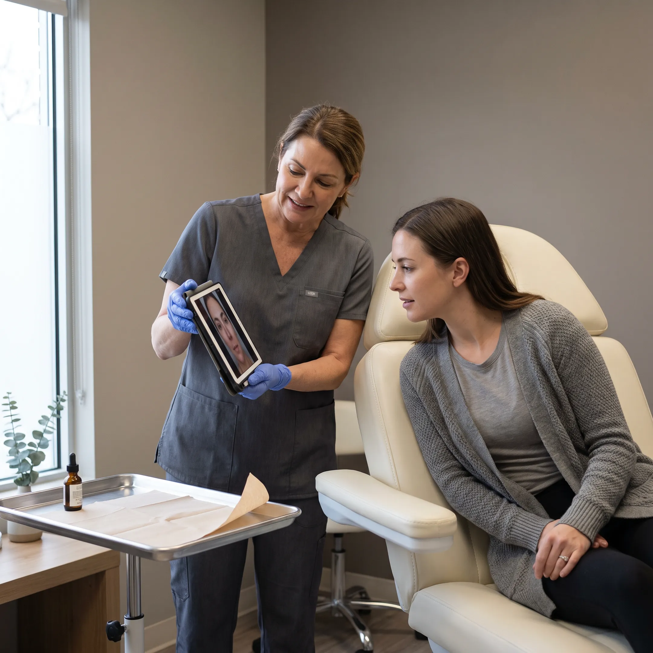 Aesthetic nurse injector consulting with client regarding dermal filler treatments