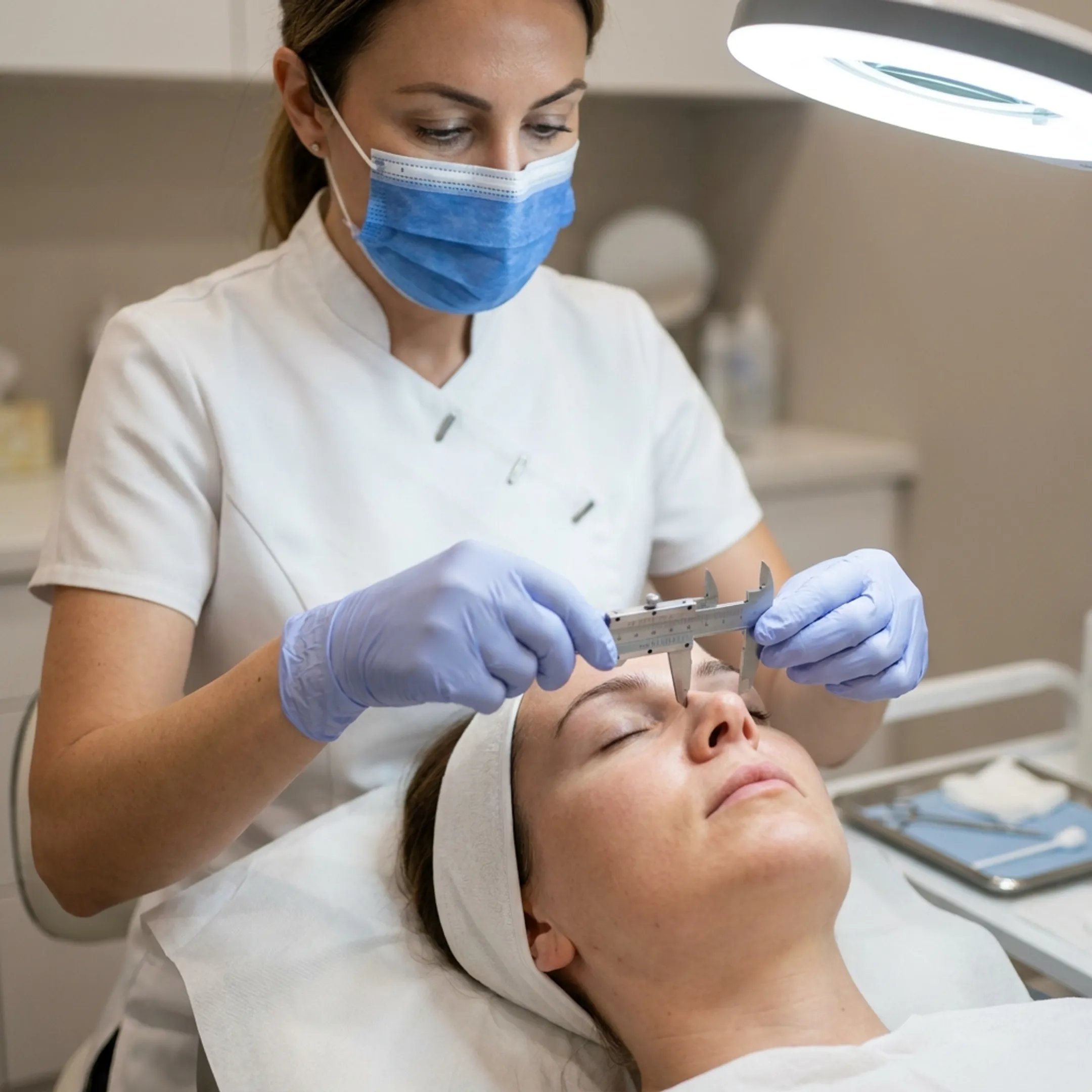 Clinician assessing nasal bridge contour during a liquid rhinoplasty appointment