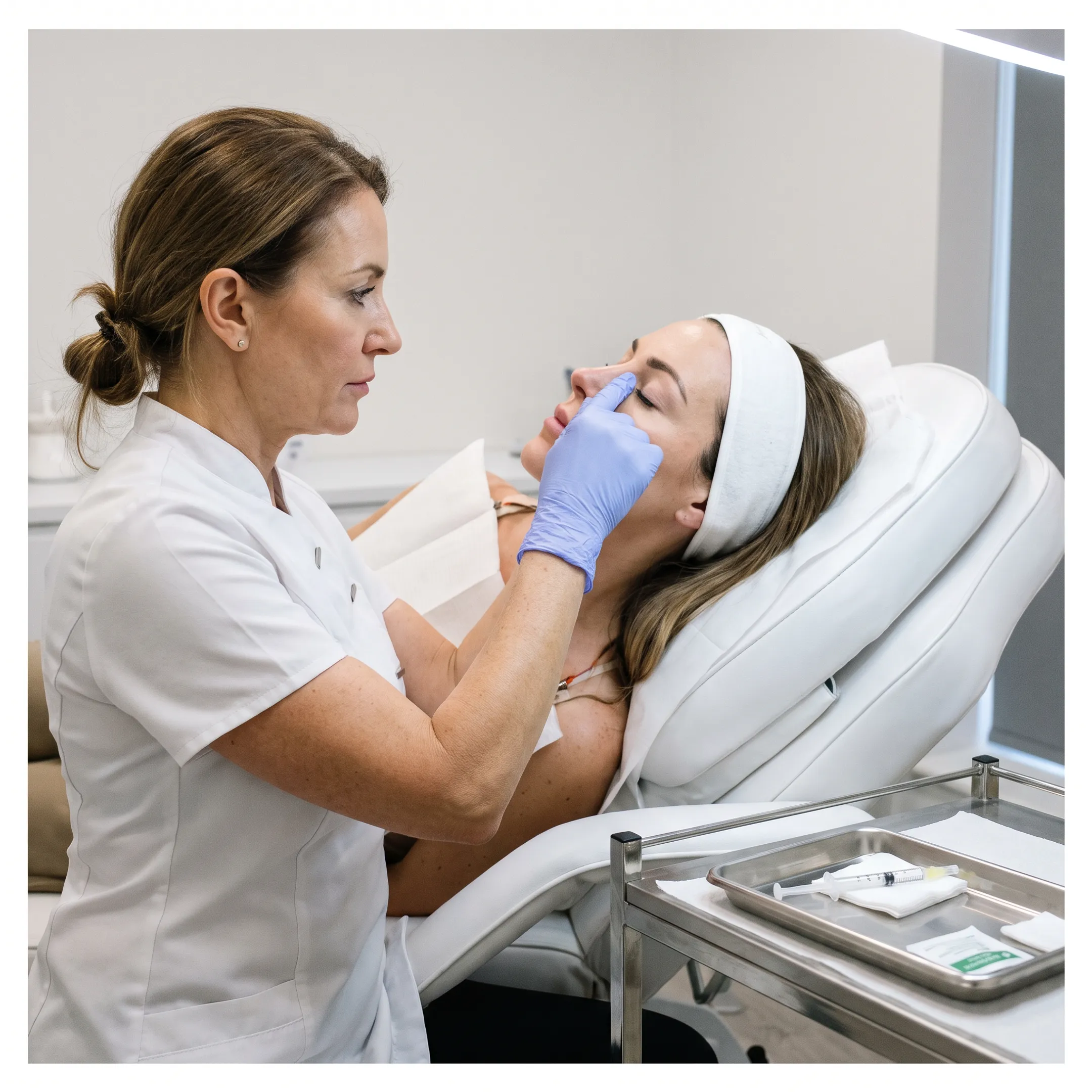 Provider examining client profile before non-surgical rhinoplasty treatment
