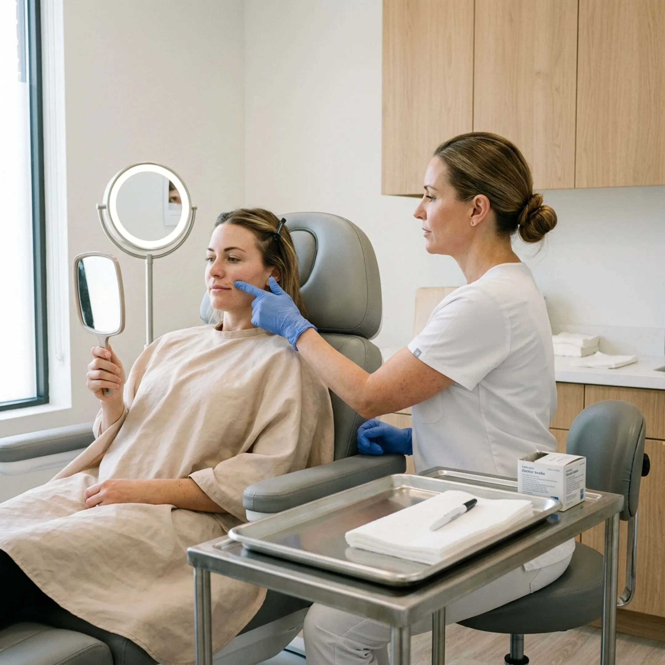 Aesthetic clinician performing precise cosmetic injection consultation
