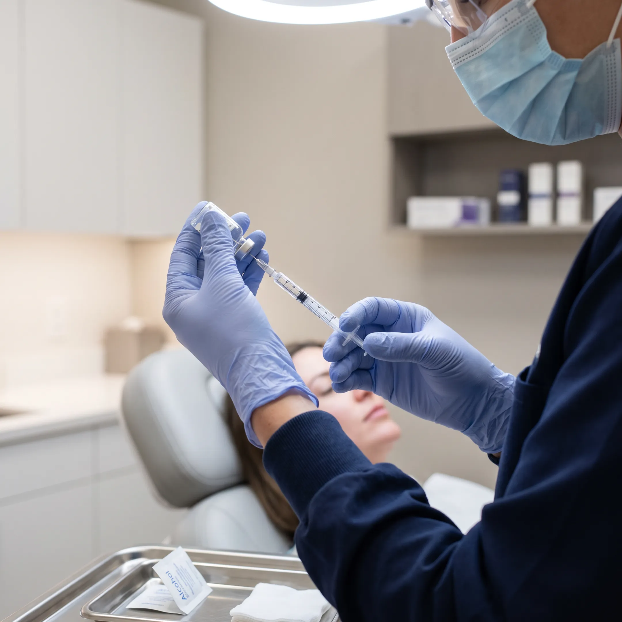 Aesthetic nurse preparing cosmetic injectable treatment