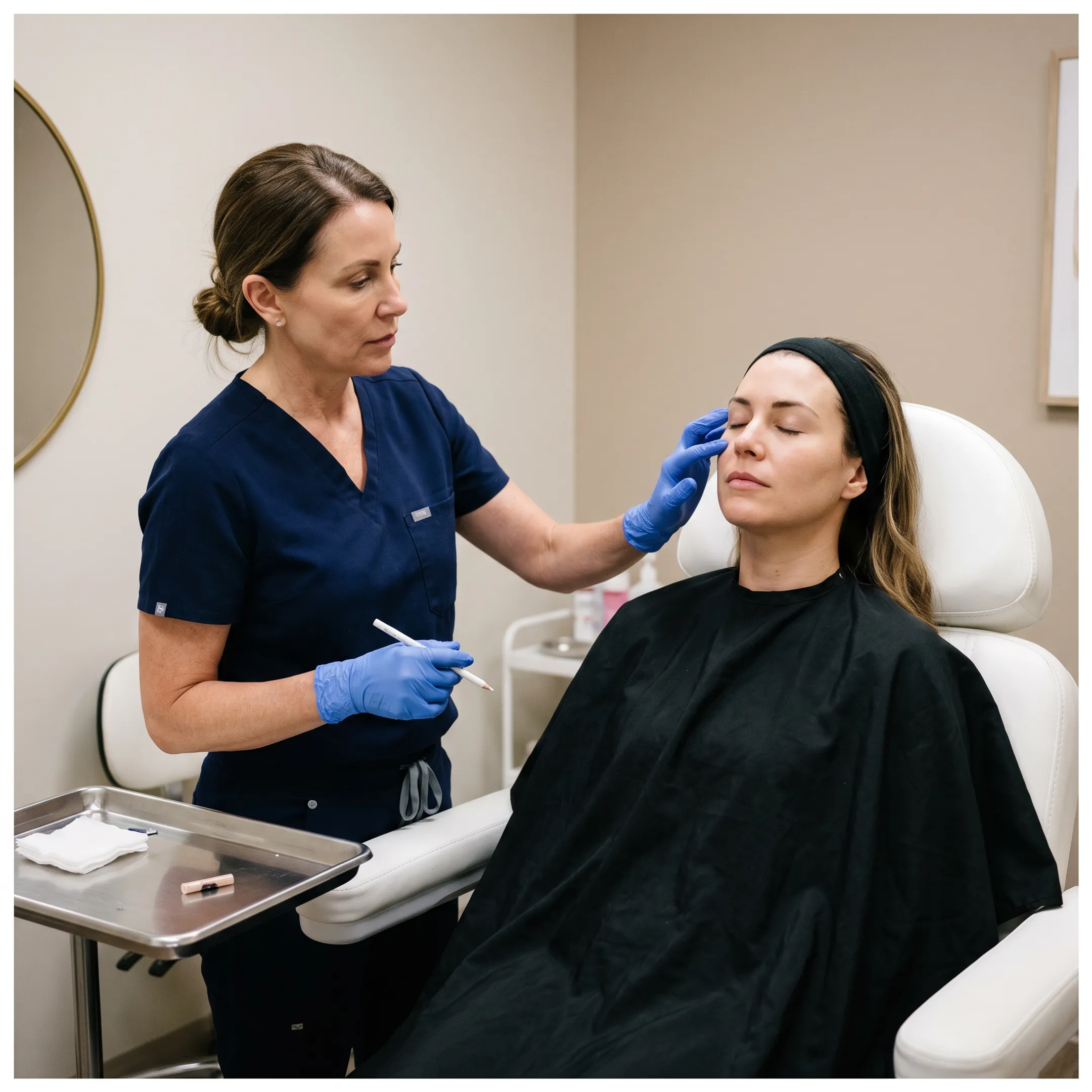 Aesthetic injector consulting a client on midface filler placement