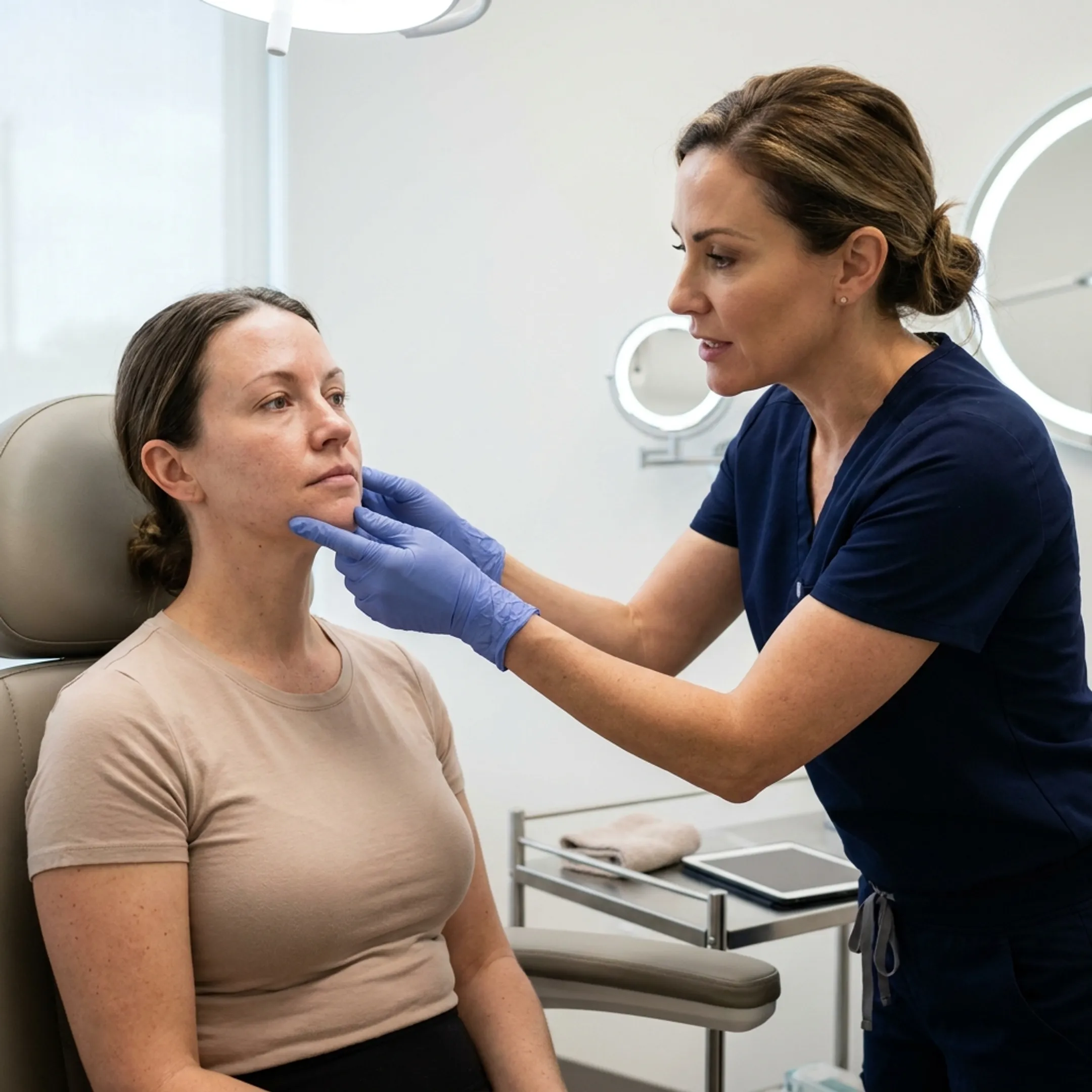 Close-up of client receiving personalized facial aesthetic consultation