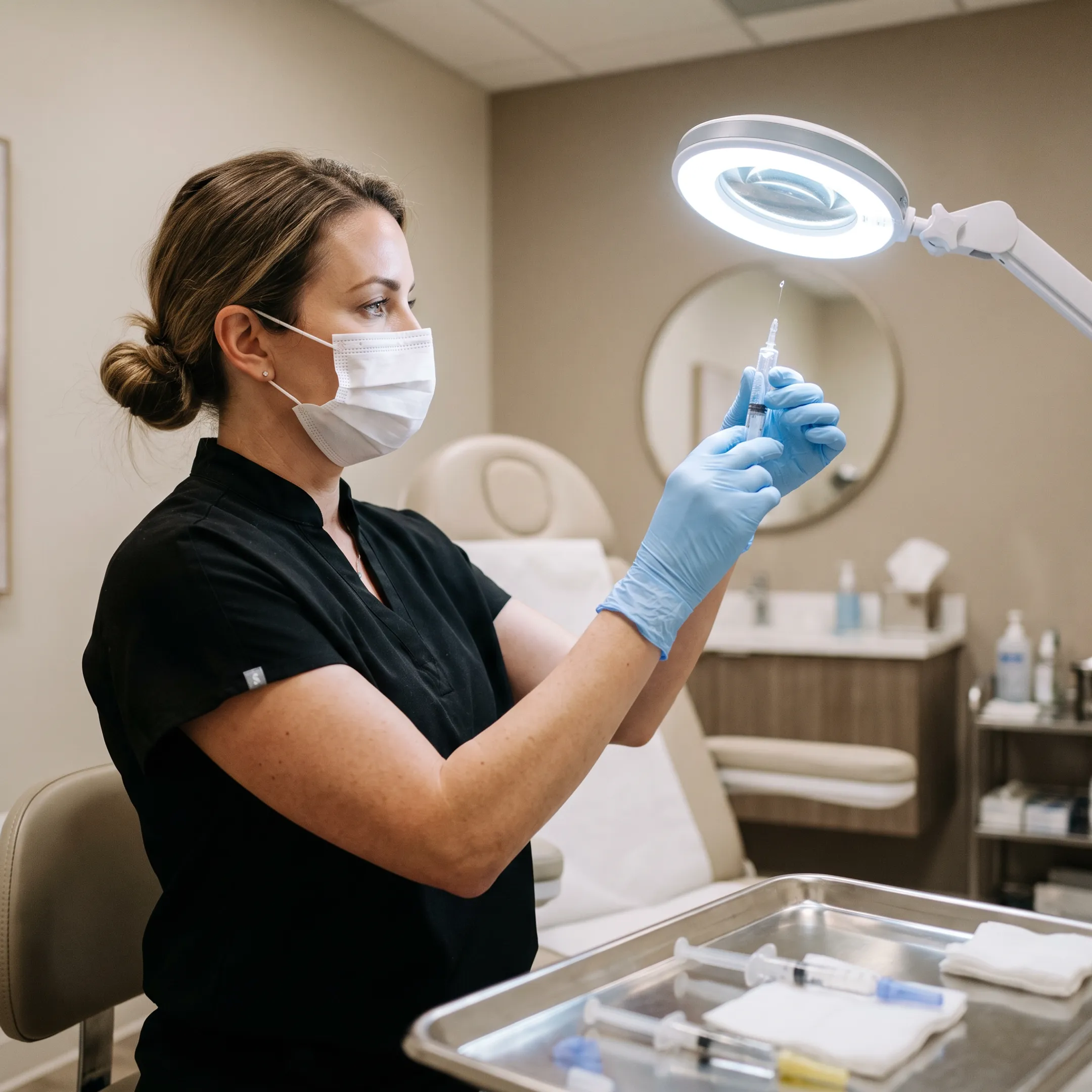 Aesthetic nurse preparing Sculptra facial filler treatment in a modern clinical room