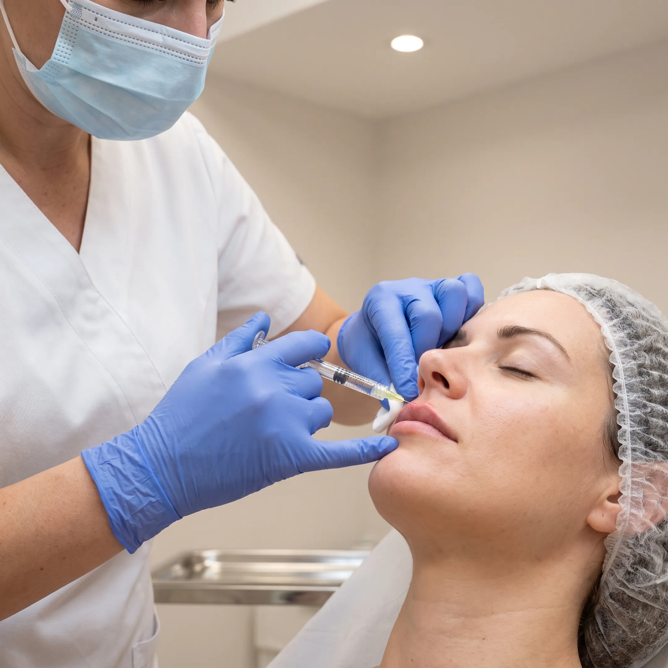 Clinician performing precise lip filler treatment