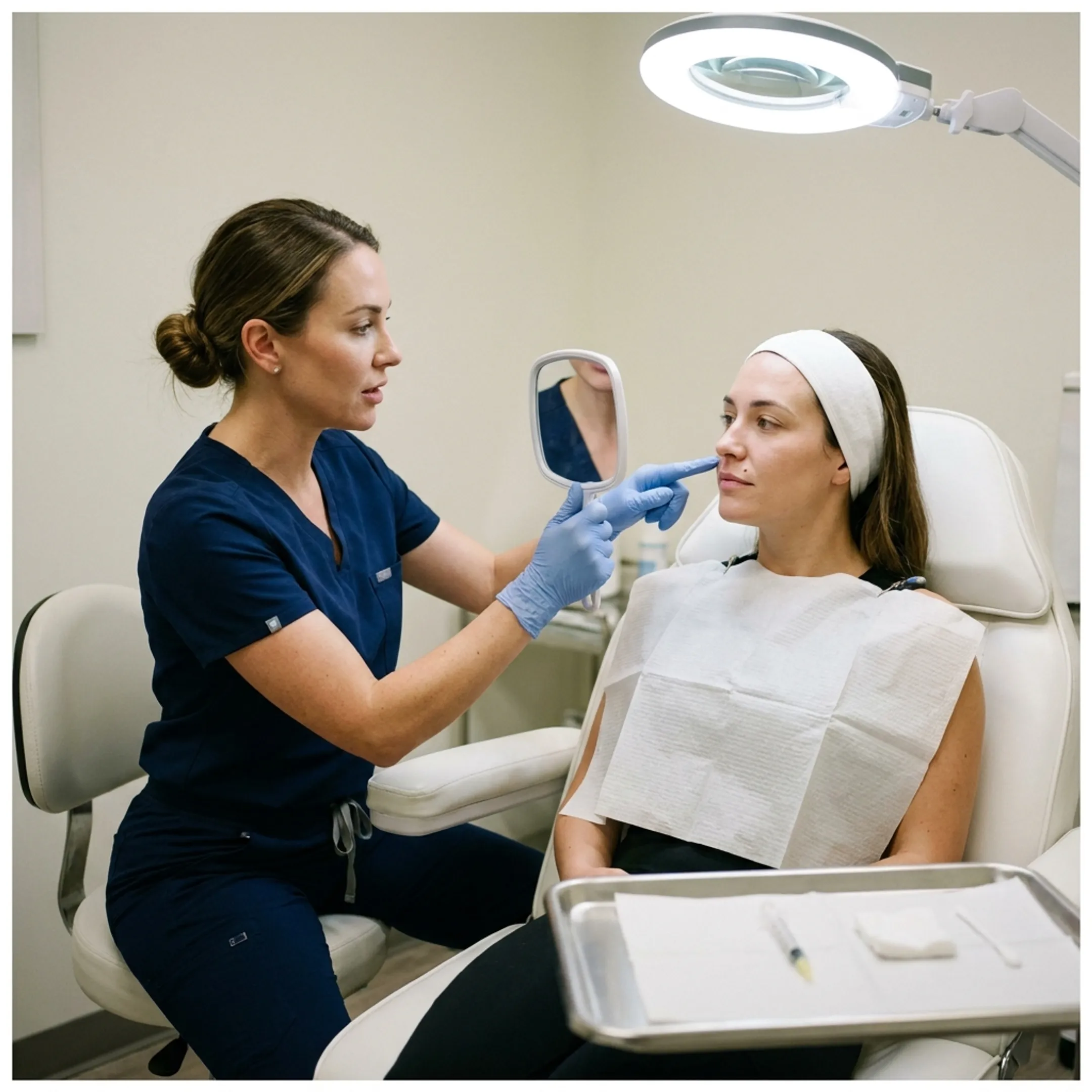 Aesthetic injector consulting a client before a subtle lip filler treatment