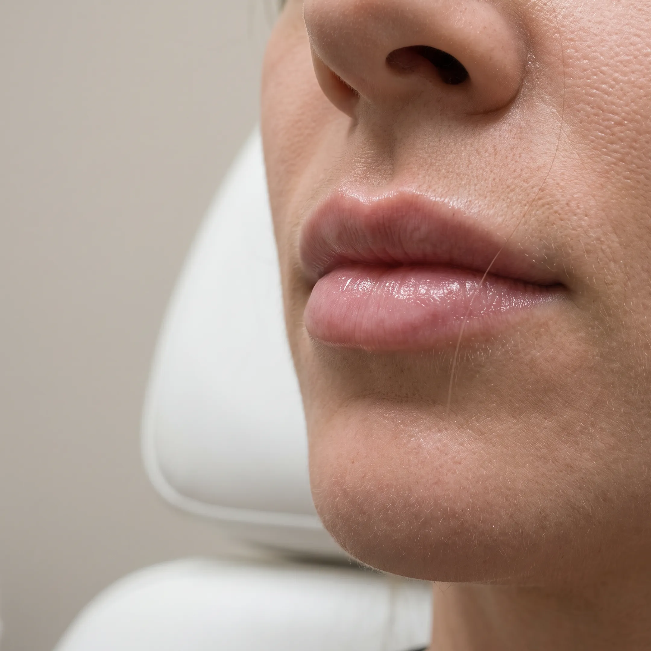 Close-up showing subtle lip filler results with natural contour and soft volume
