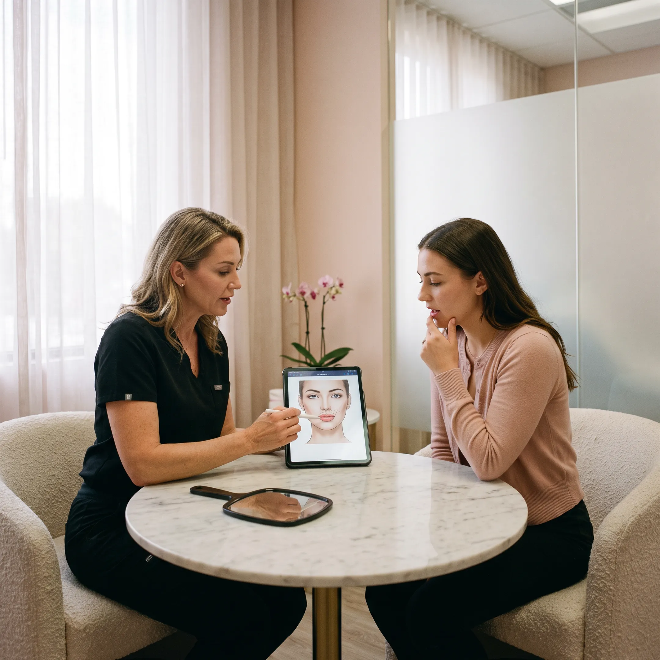 Aesthetic provider discussing lip filler treatment goals with a client