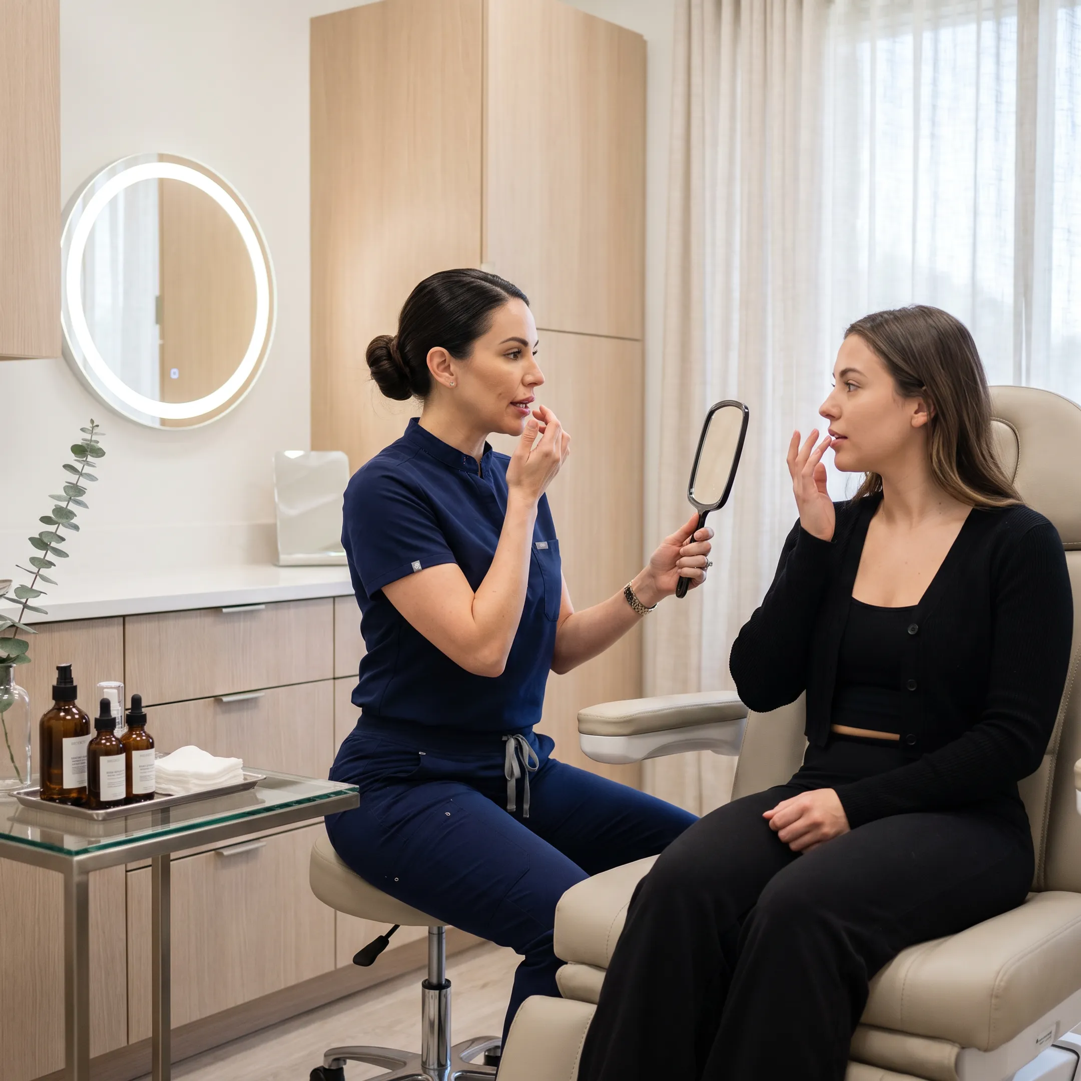 Provider preparing a client for a natural-looking lip filler consultation in a modern Texas med spa
