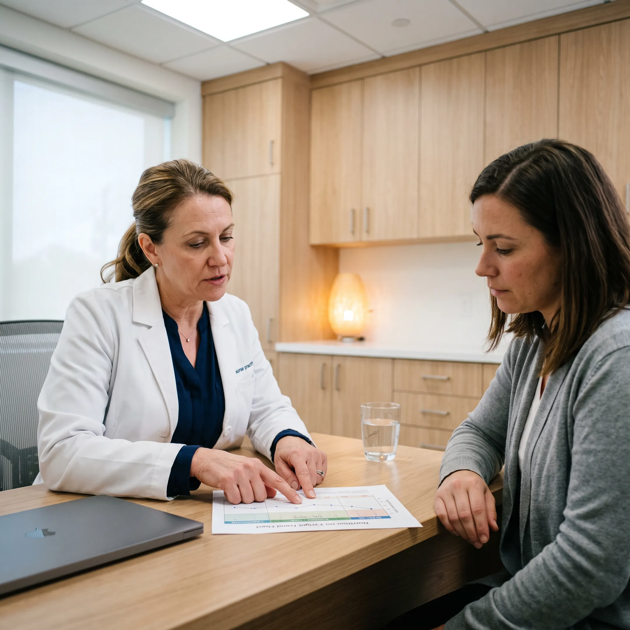 Medical provider reviewing weight management goals and wellness information with a patient