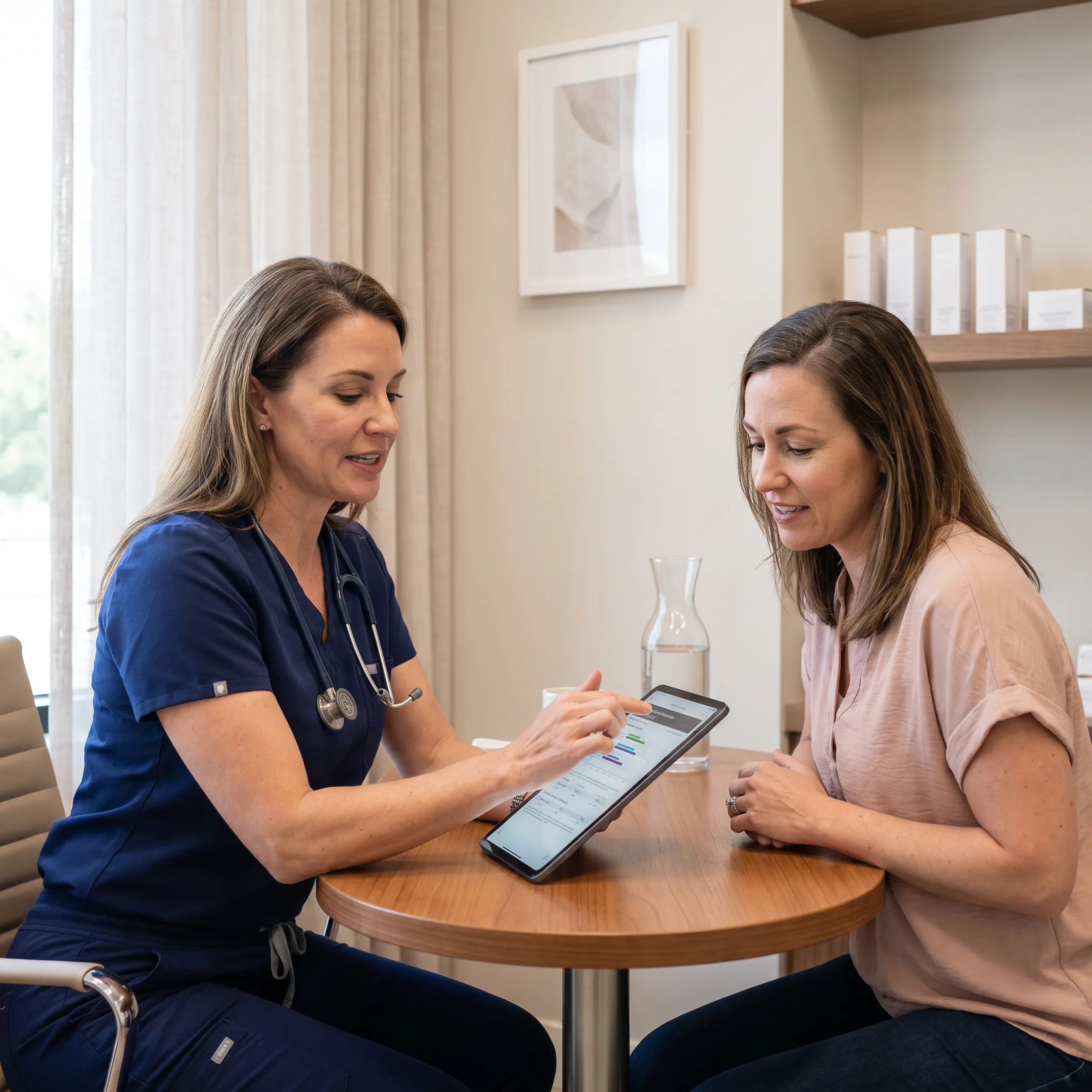 Provider discussing a personalized medical weight loss plan with a patient in a modern Texas med spa