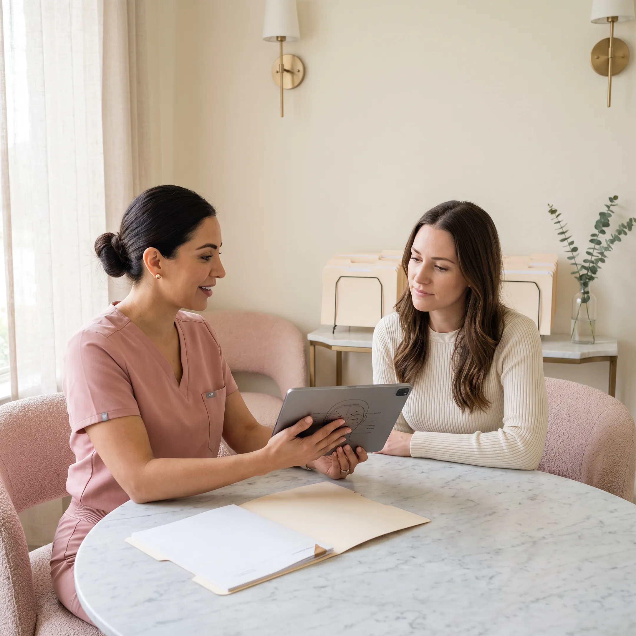 Nurse injector consulting with a medical spa client in Richmond, Texas