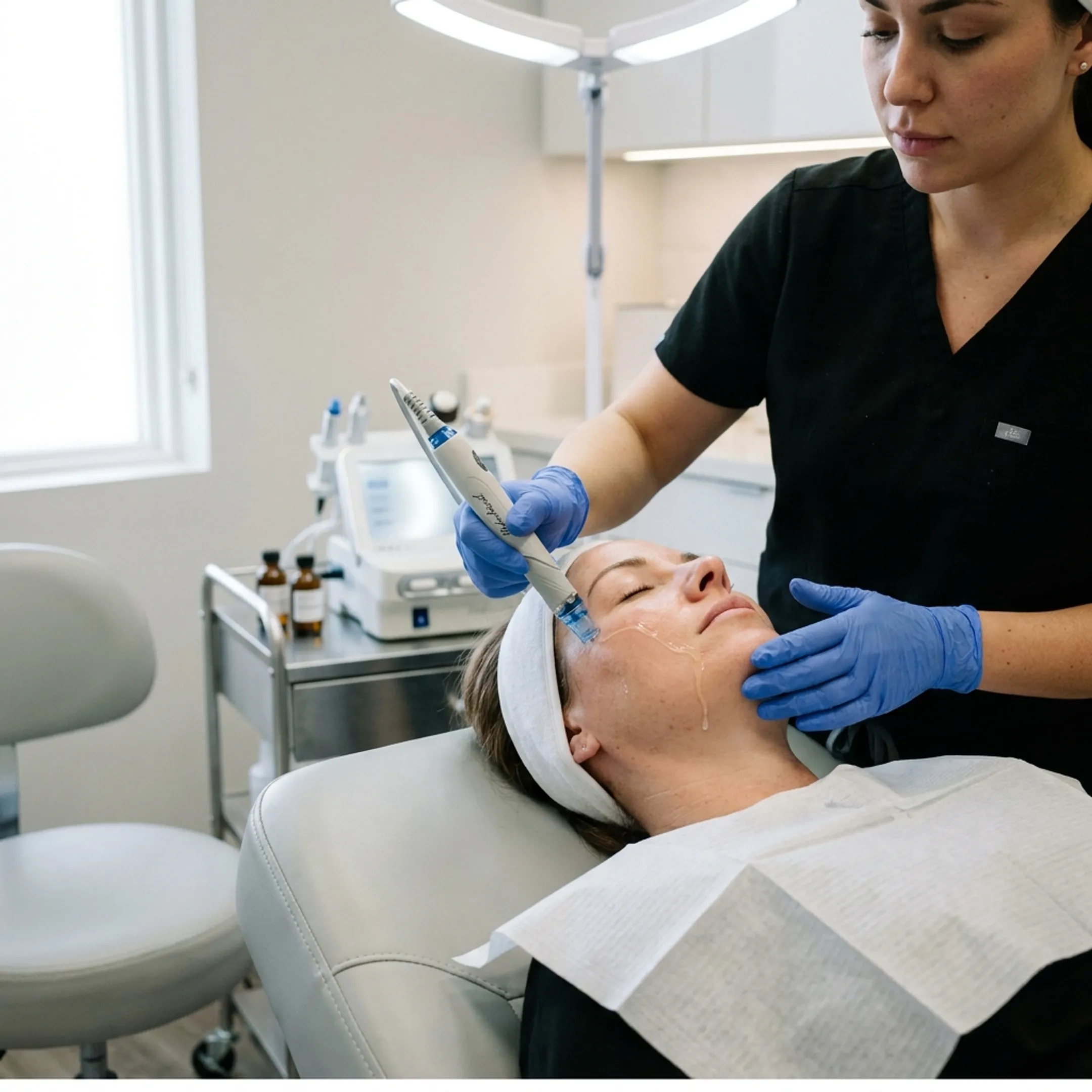 Client receiving a personalized HydraFacial treatment in a modern med spa