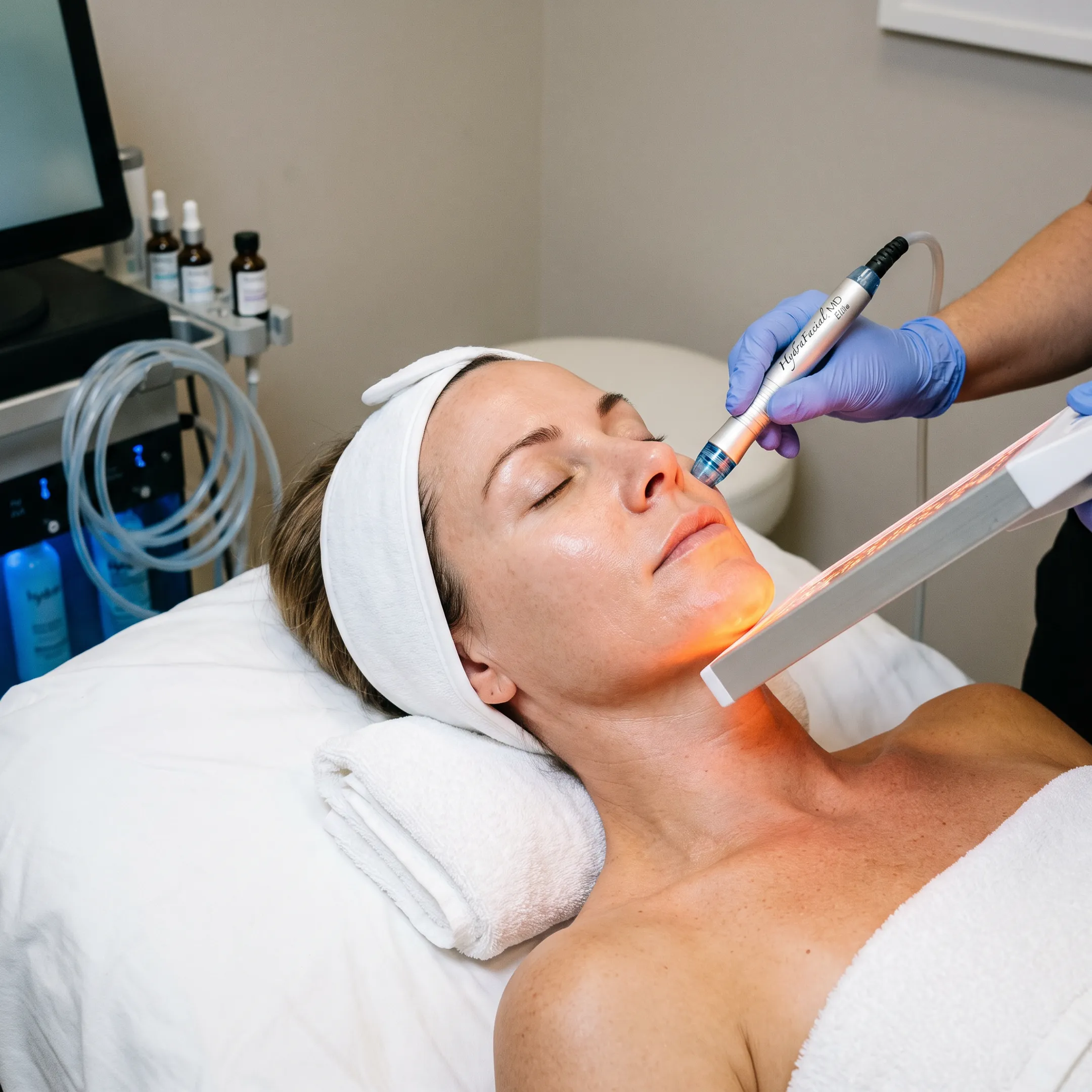 Client enjoying a personalized HydraFacial treatment at ReviveGlo Med Spa