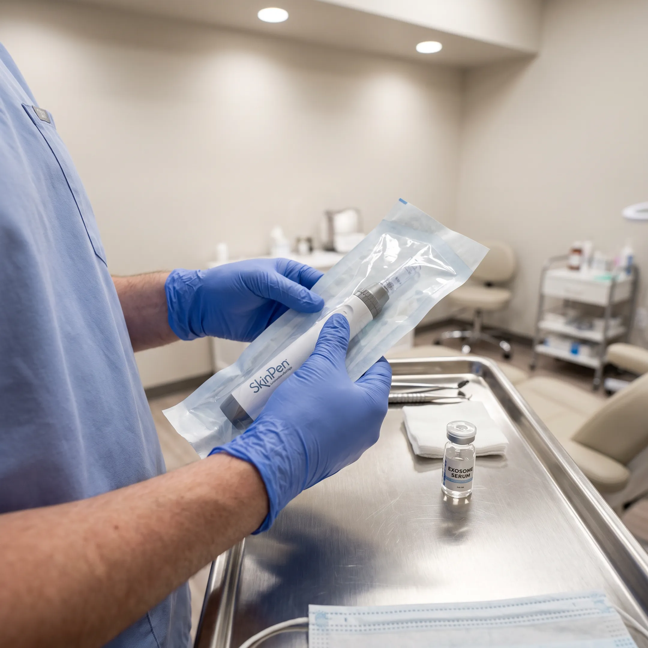 Provider preparing SkinPen microneedling treatment with exosome skincare products