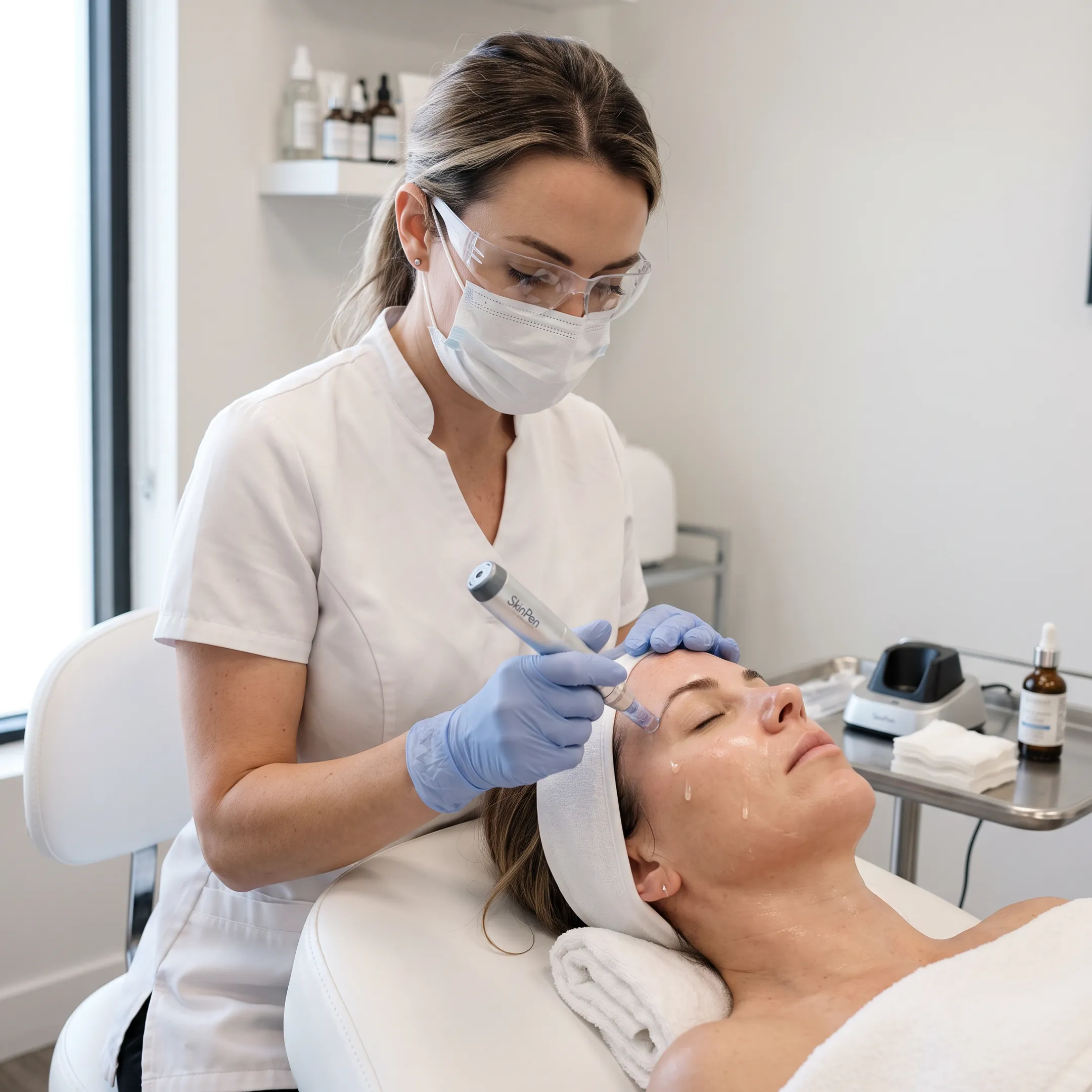 SkinPen microneedling treatment with exosome skincare application in a modern med spa