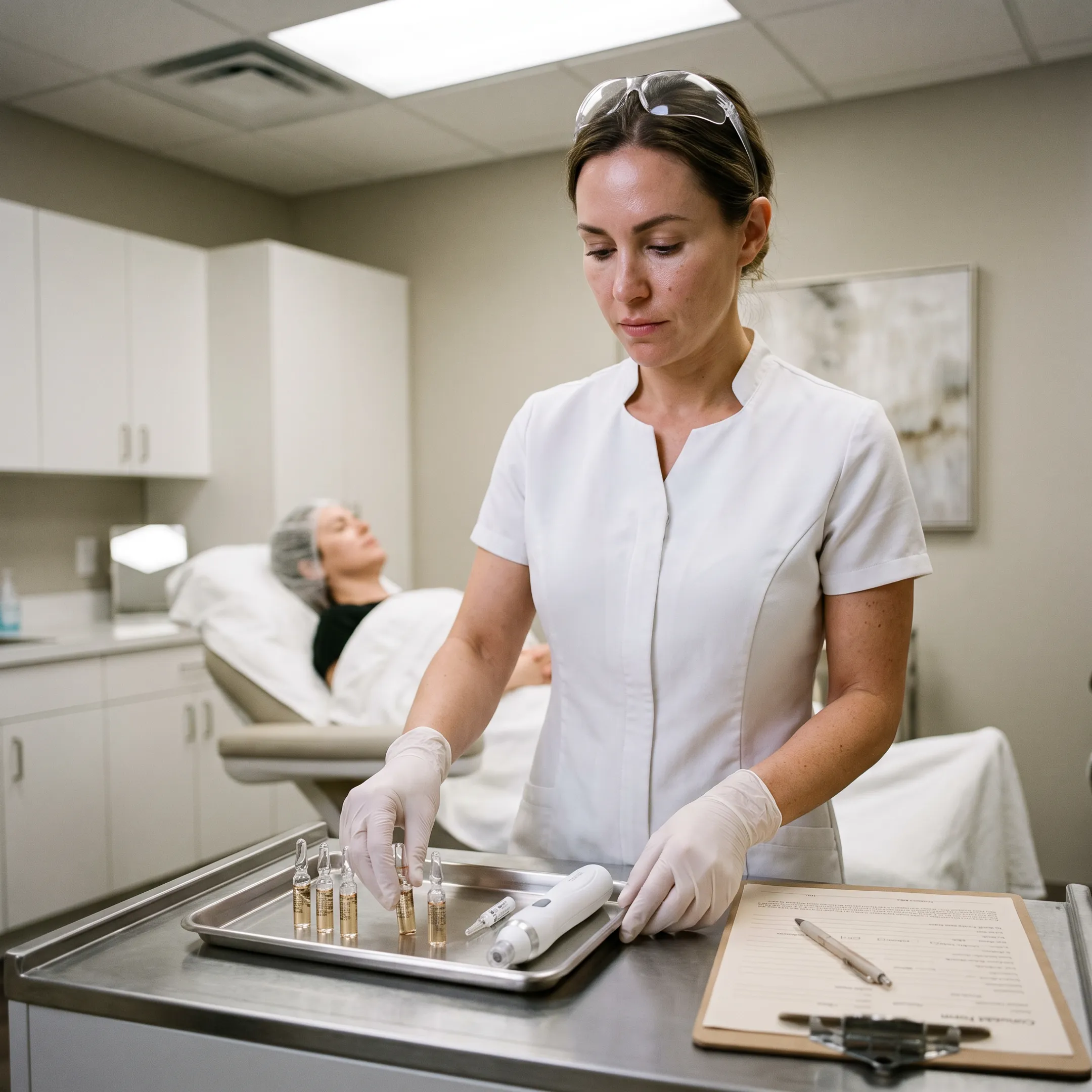Aesthetic professional preparing a microneedling treatment with topical serum