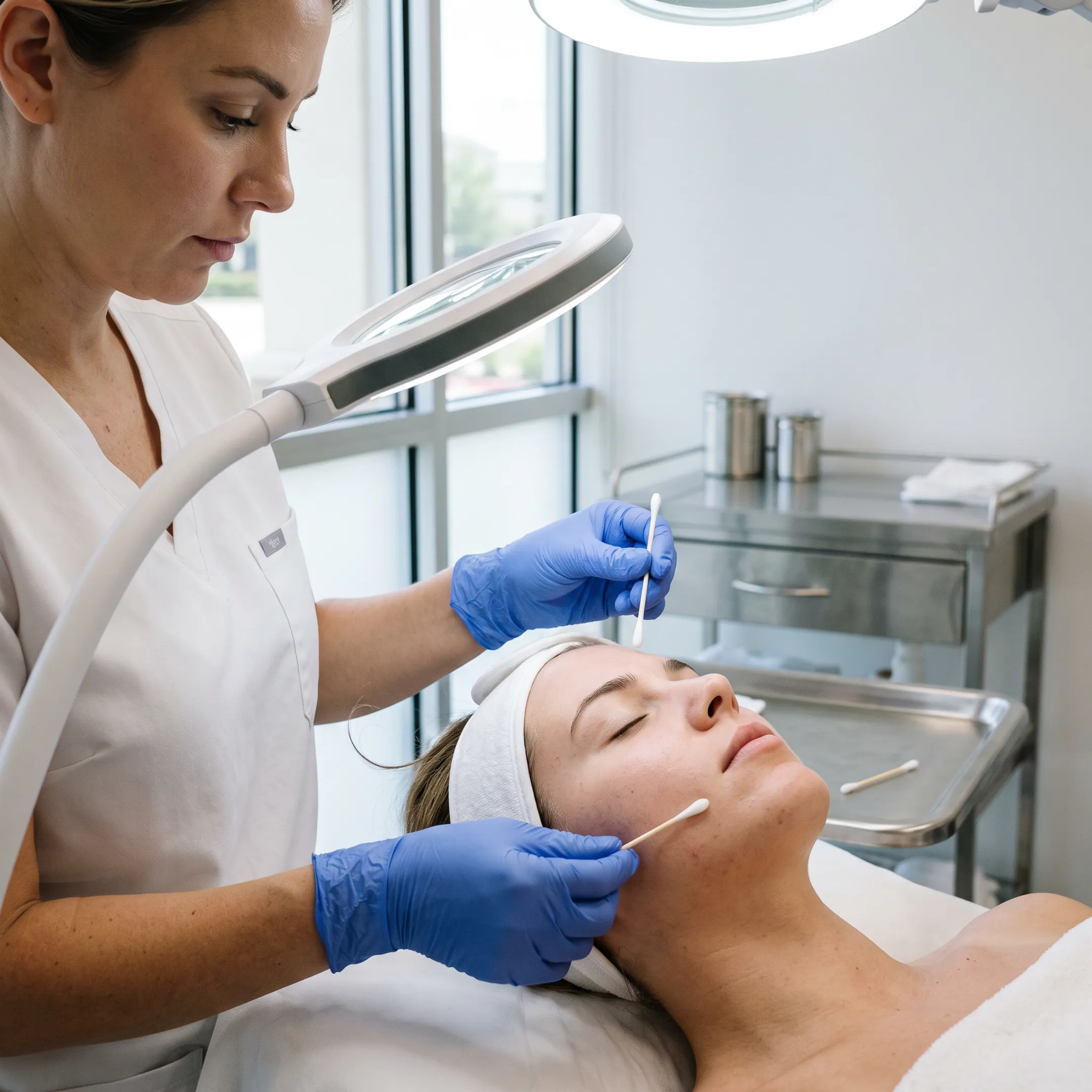 Aesthetician performing a personalized acne skin care treatment in a modern med spa