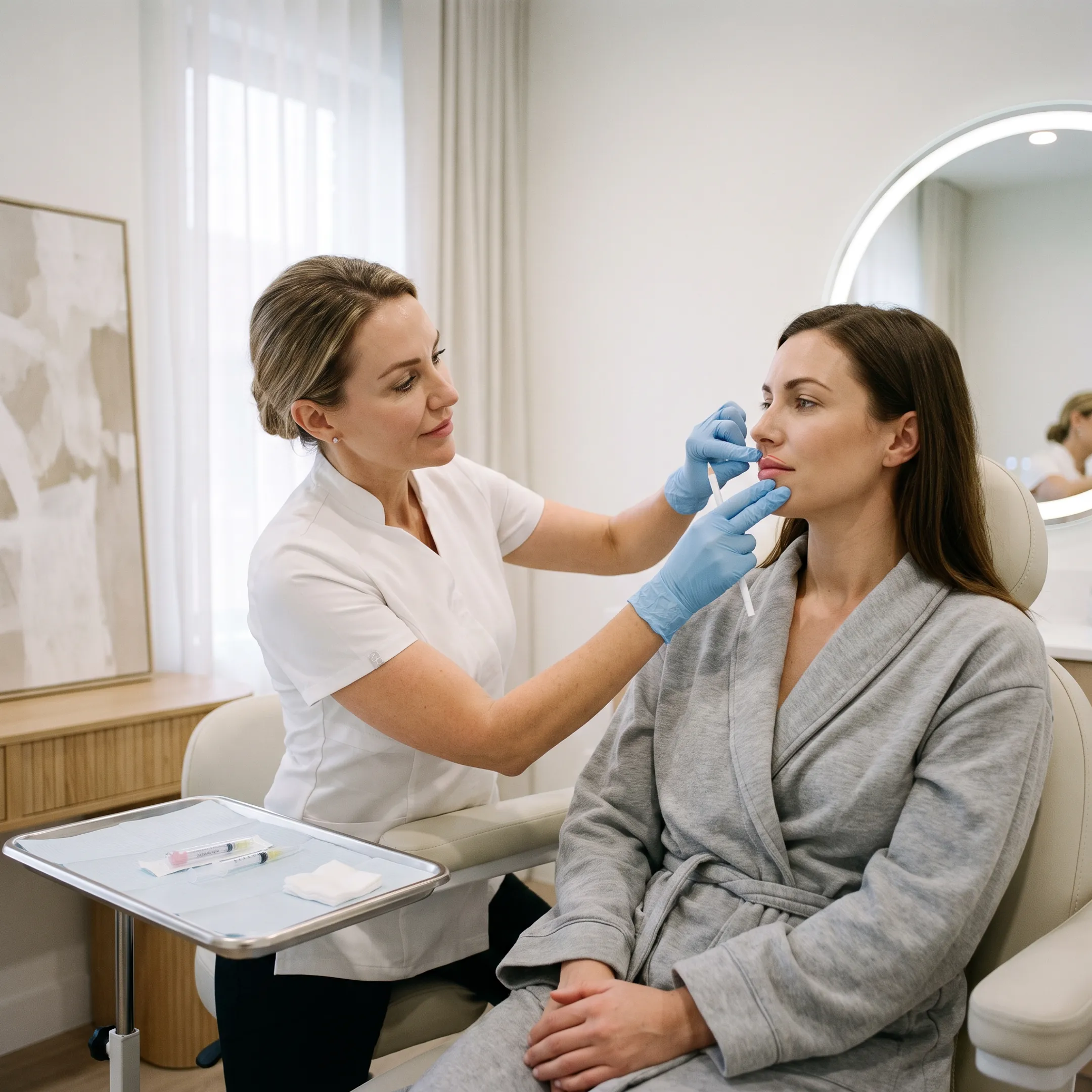 Provider preparing a client for a personalized dermal lip filler consultation