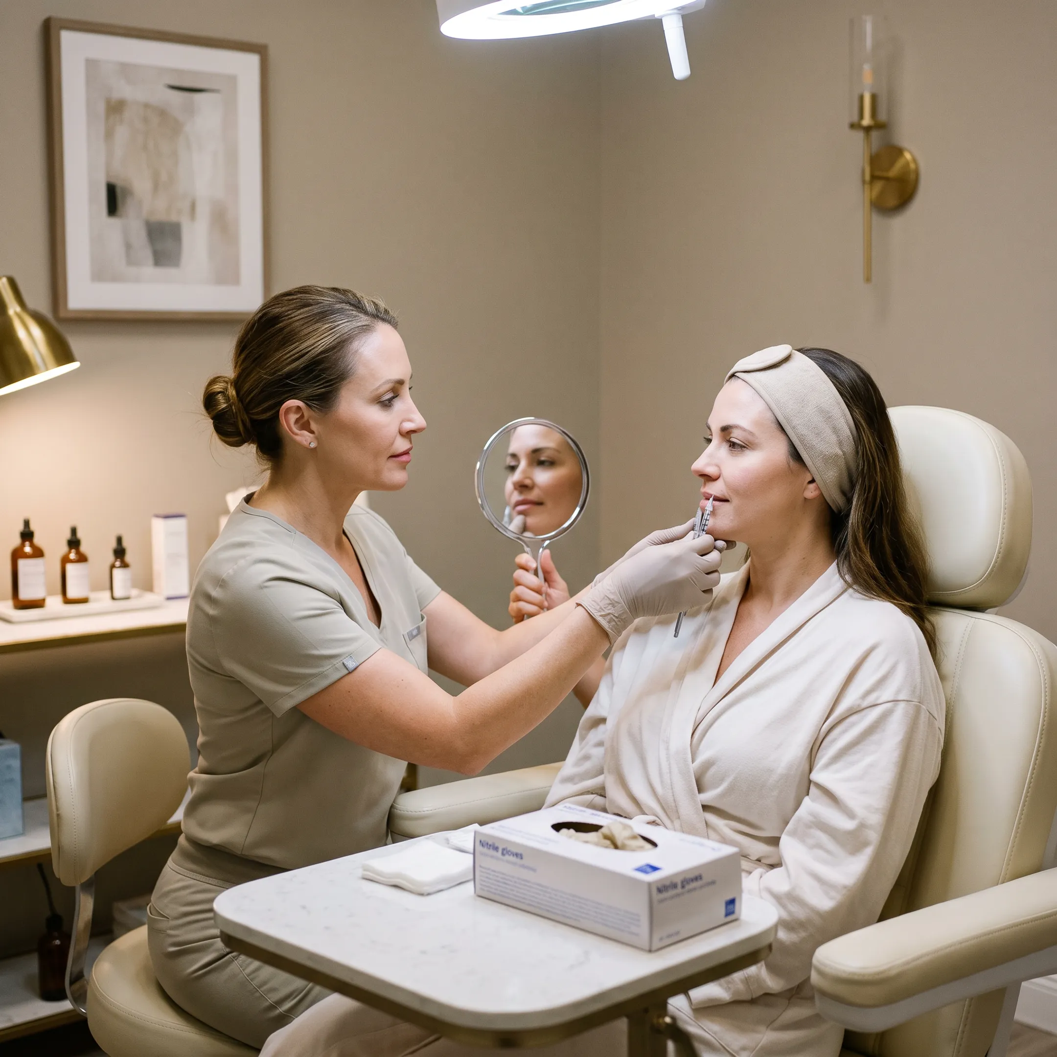 Client discussing natural-looking lip filler goals with an aesthetic nurse injector